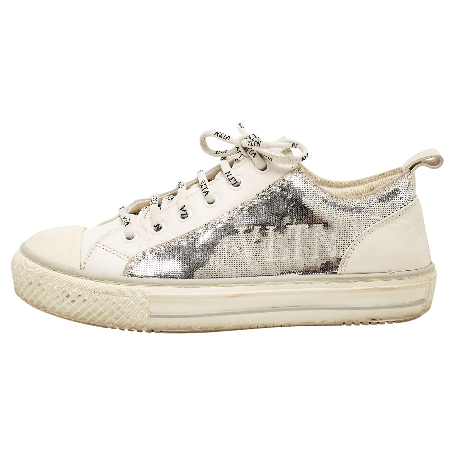 Valentino Silver/White Leather and Sequins Lace Up Sneakers Size 36 For Sale