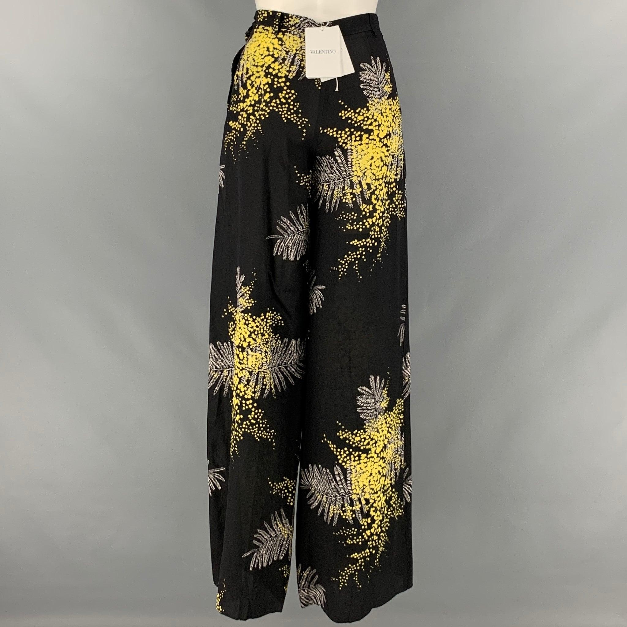 Women's VALENTINO Size 00 Black Yellow Silk Floral Wide Leg Casual Pants For Sale