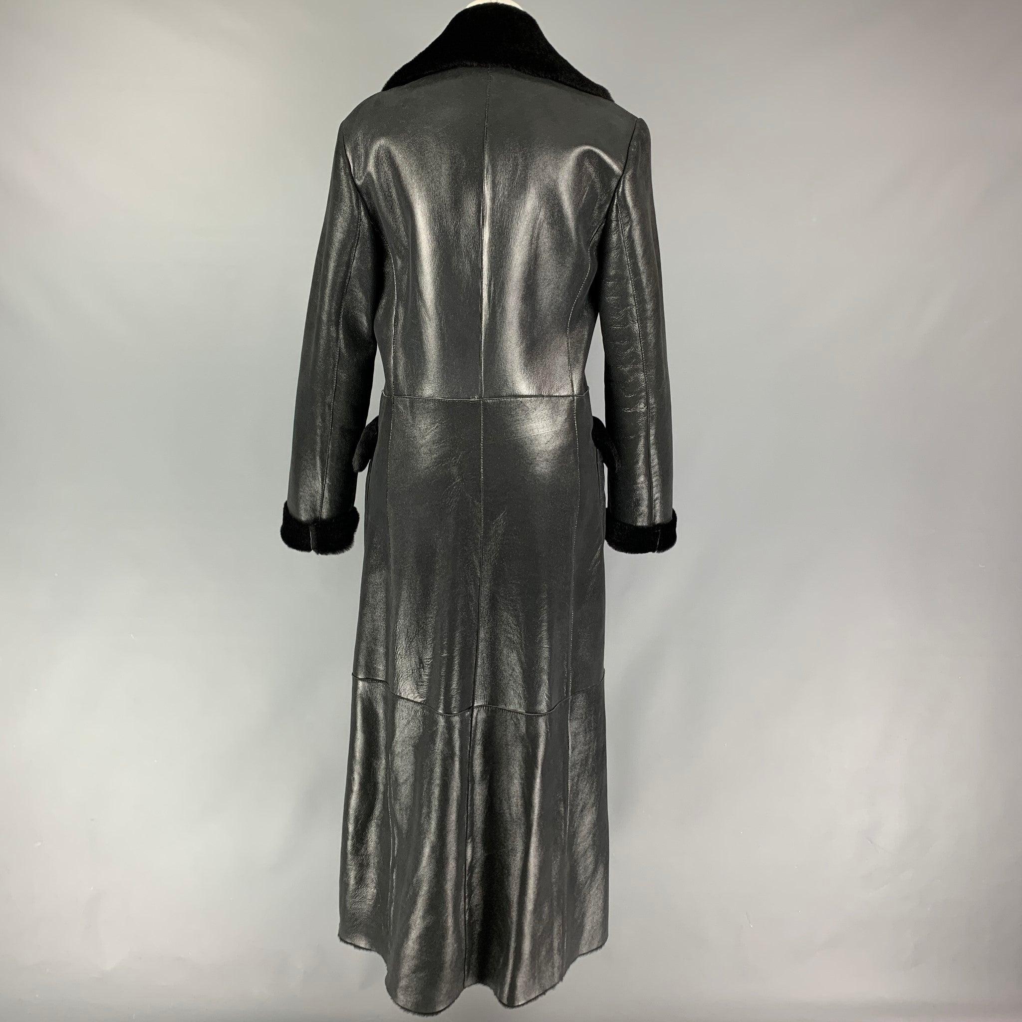 VALENTINO Size 10 Black Shiny Lamb Shearling Coat In Good Condition For Sale In San Francisco, CA