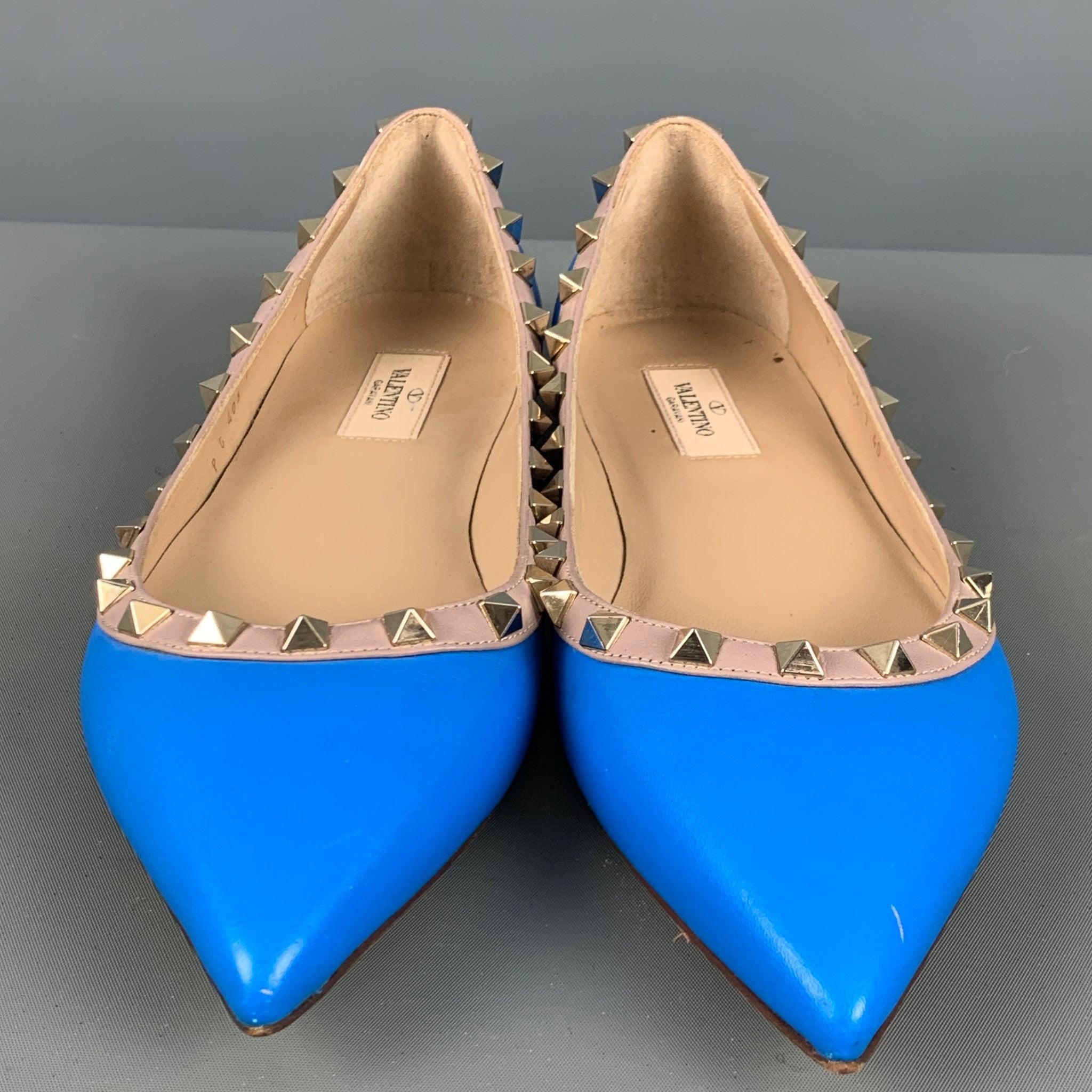 Women's VALENTINO Size 10 Blue Nude Leather Contrast trim Flats For Sale