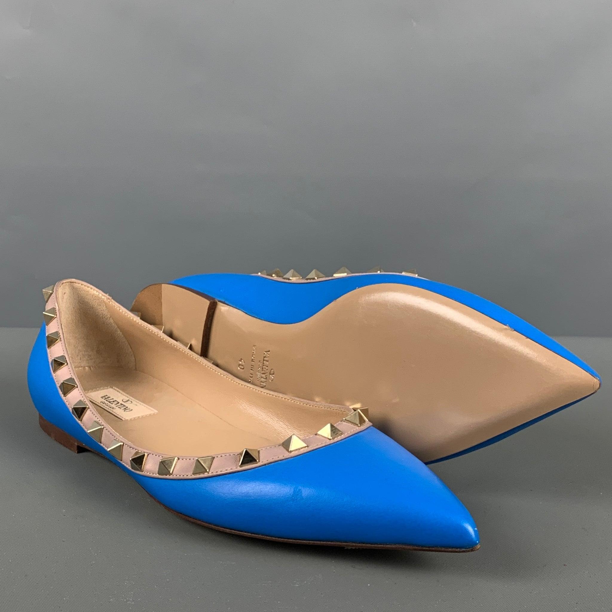 VALENTINO Size 10 Blue Nude Leather Contrast trim Flats For Sale 1