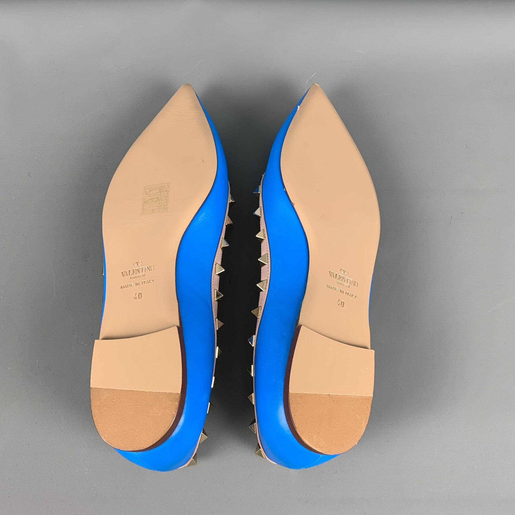 VALENTINO Size 10 Blue Nude Leather Contrast trim Flats For Sale 2