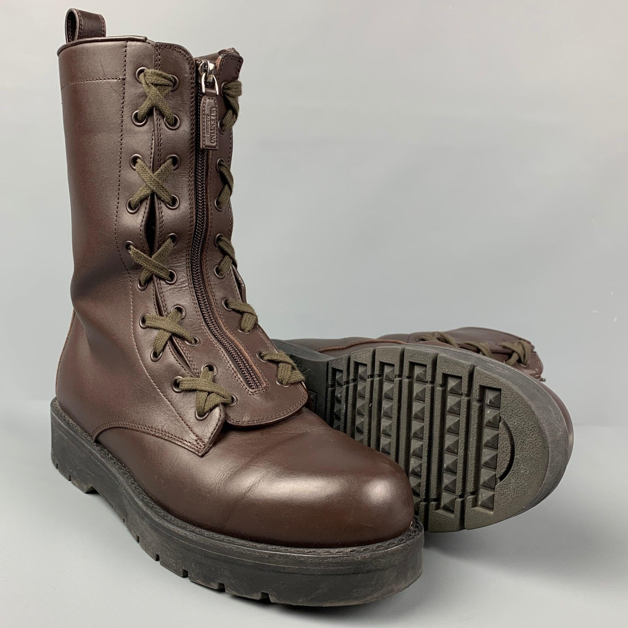 VALENTINO Size 10 Brown Leather Zip Up Combat Boots In Good Condition In San Francisco, CA