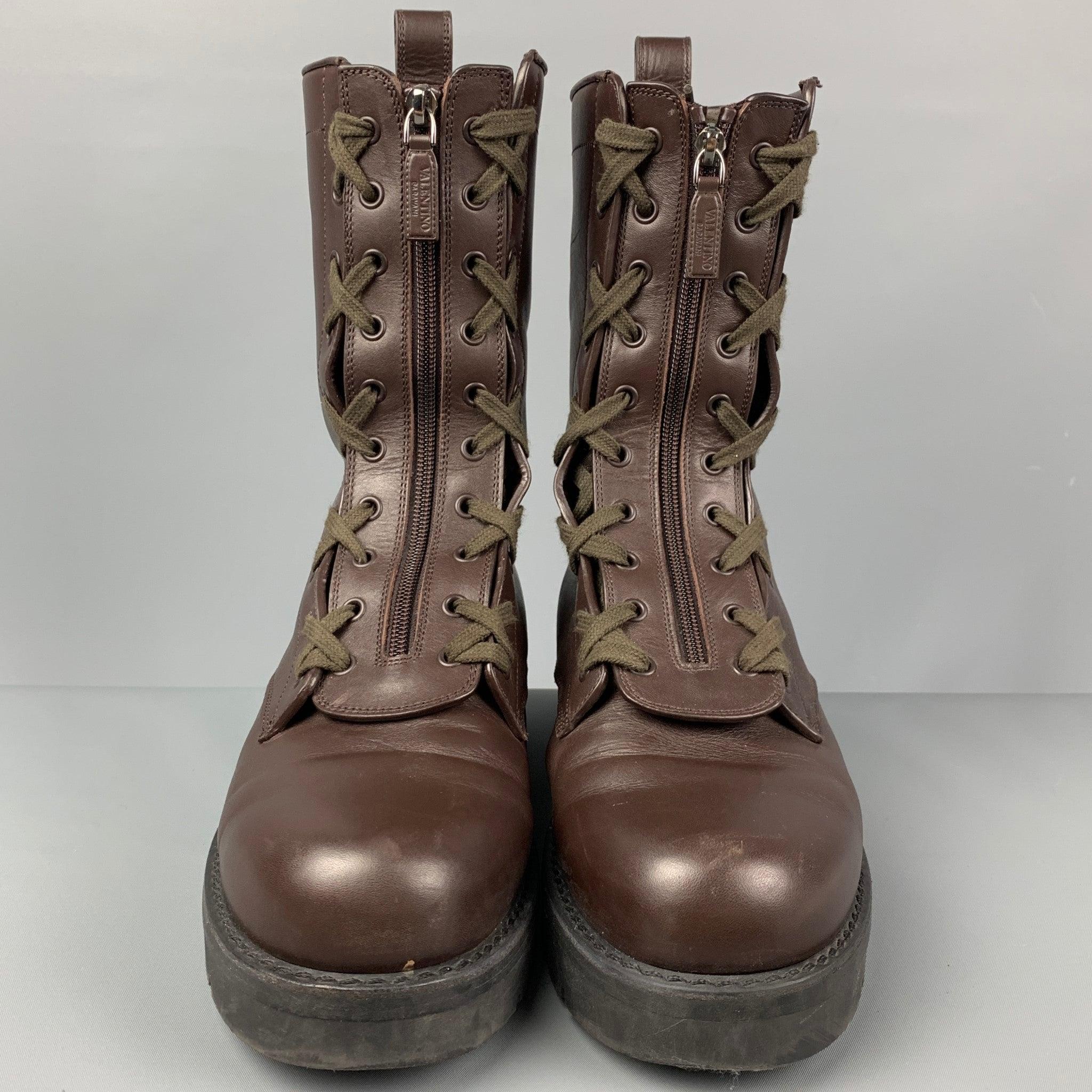 Men's VALENTINO Size 10 Brown Leather Zip Up Combat Boots