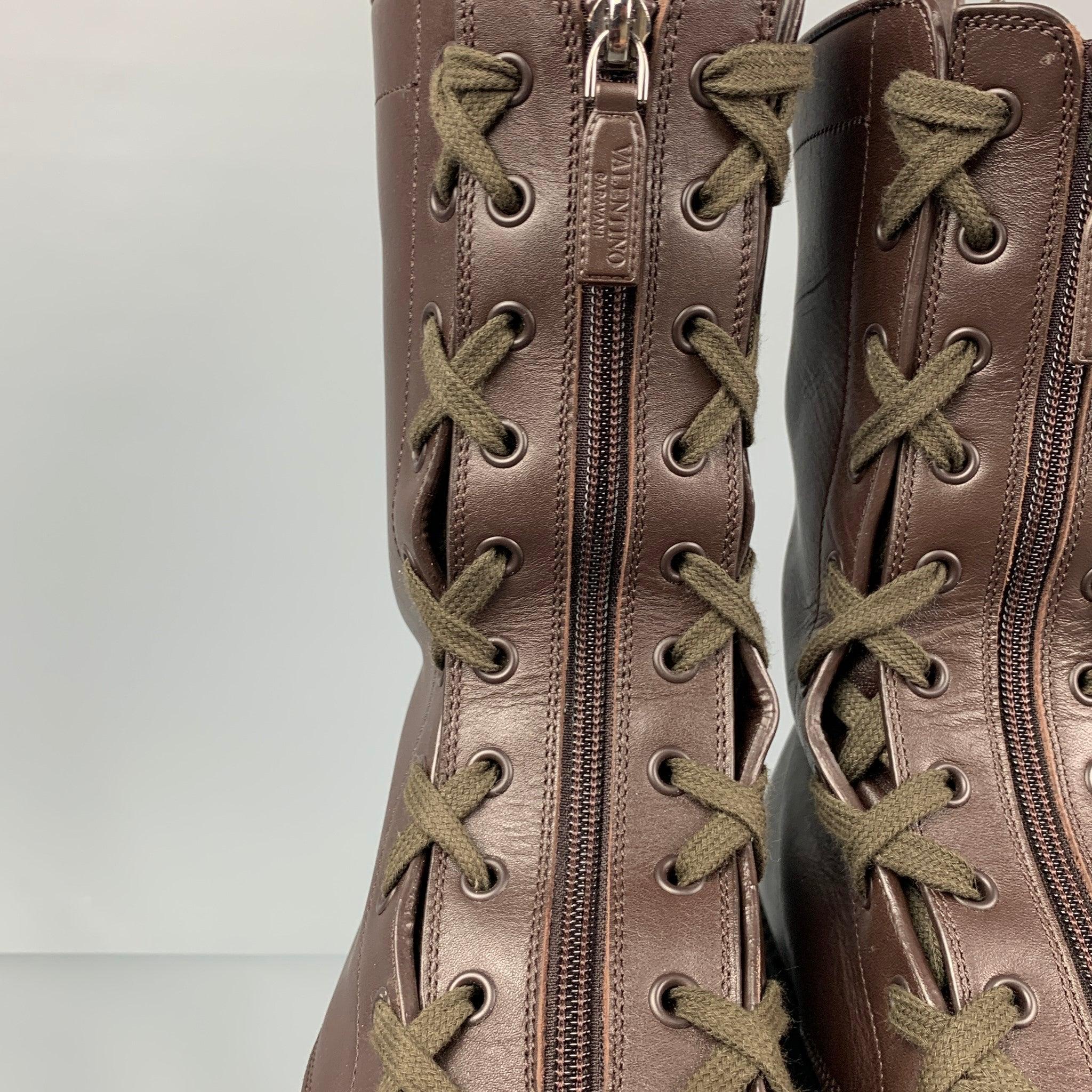 VALENTINO Size 10 Brown Leather Zip Up Combat Boots 1