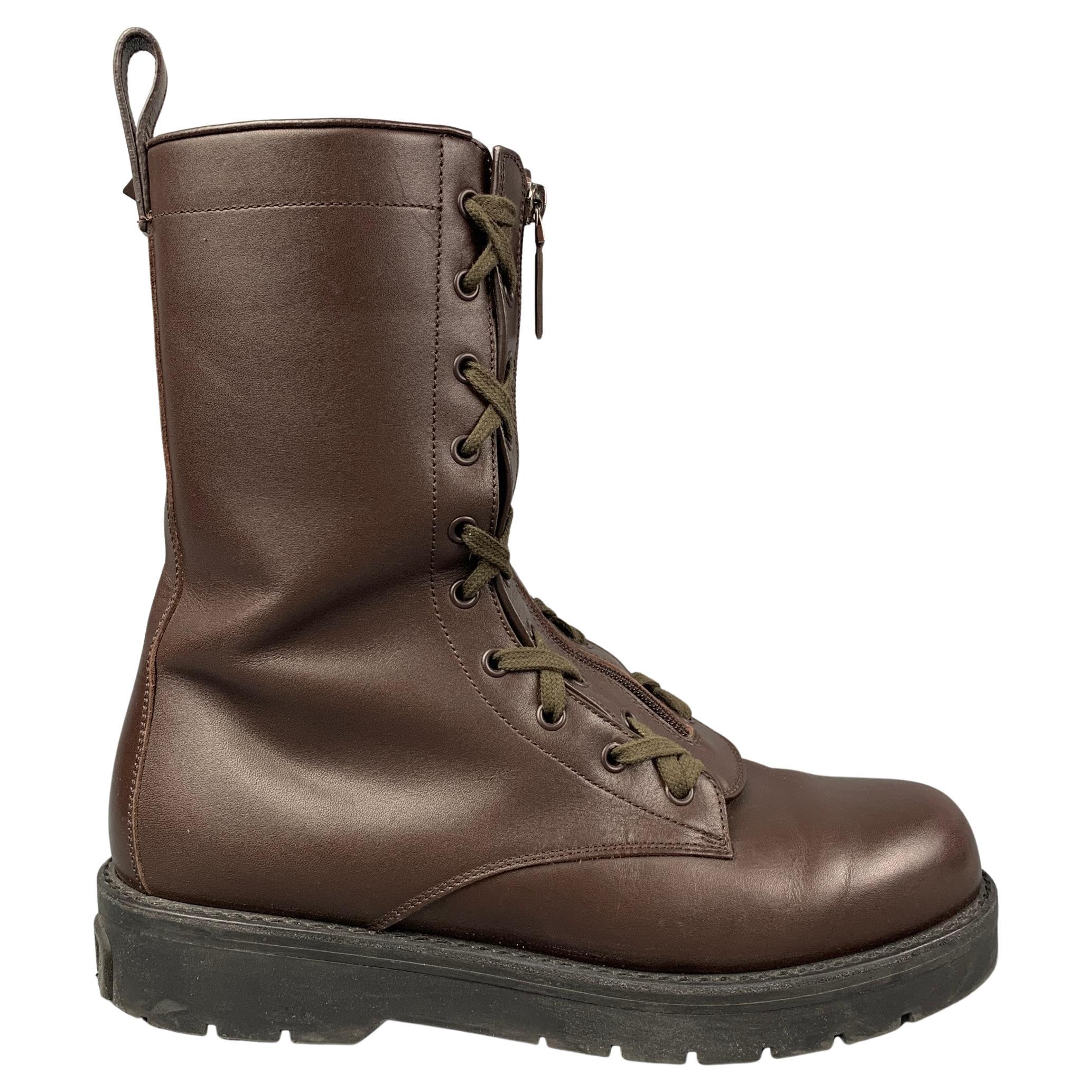 VALENTINO Size 10 Brown Leather Zip Up Combat Boots For Sale at 1stDibs