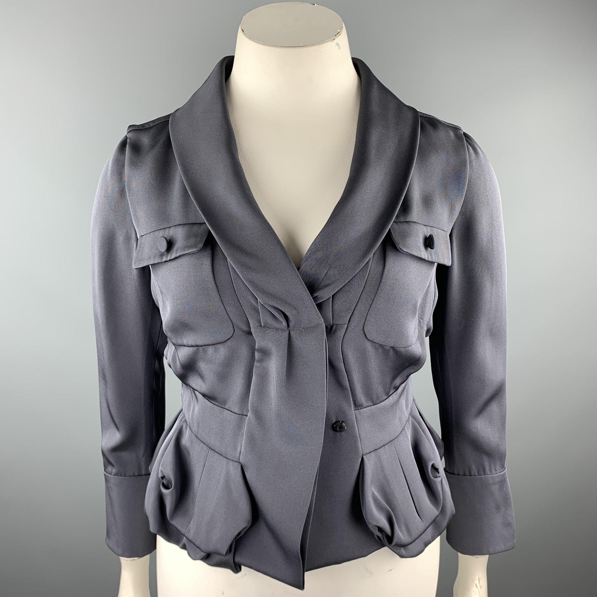 VALENTINO blazer comes in a gray silk with a black liner featuring a pleated waist style, shawl collar, patch pockets, and a snap button closure. Missing button. As-Is. Made in Italy.Very Good
 Pre-Owned Condition. 
 

 Marked:  10 
 

