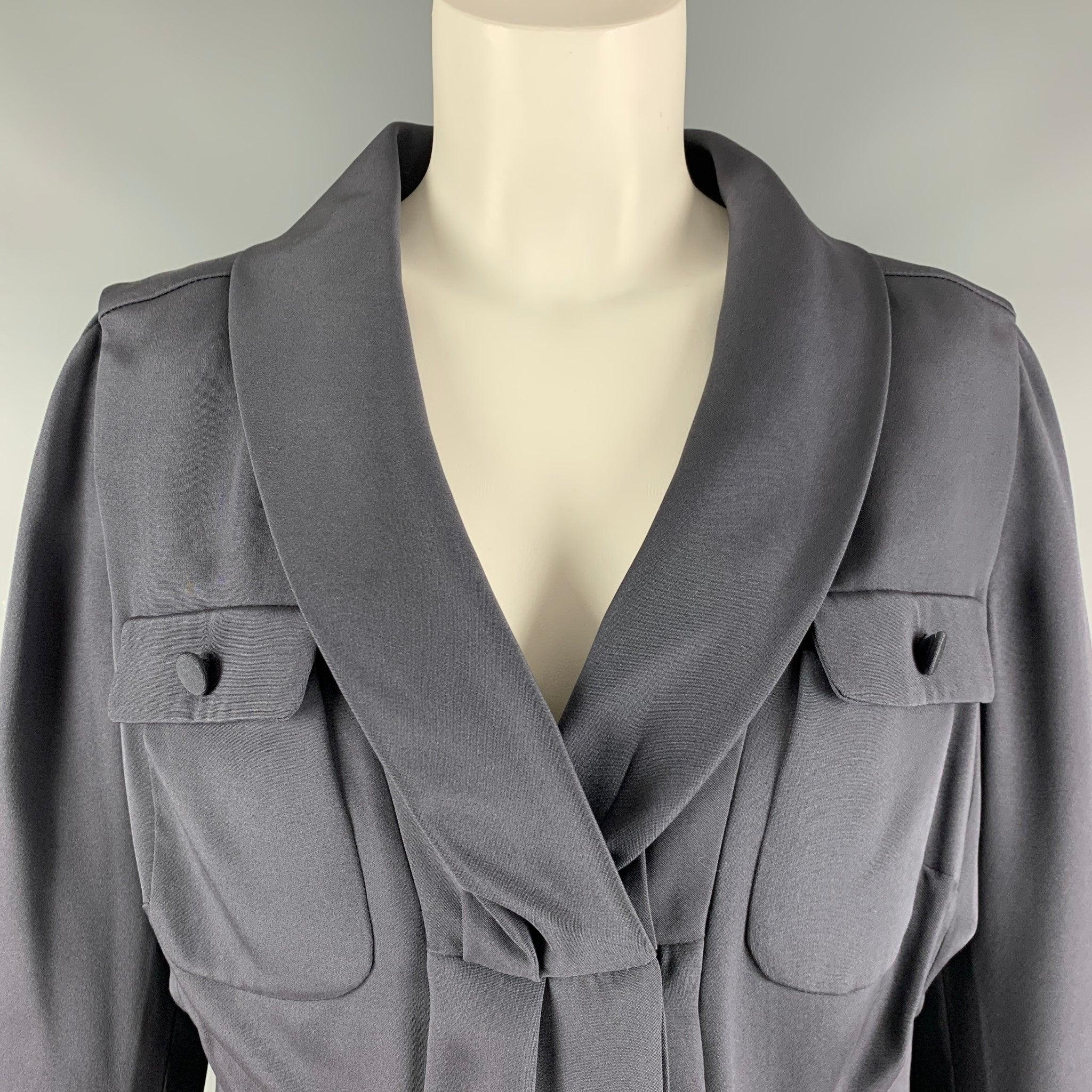 VALENTINO blazer comes in a gray silk with a black liner featuring a pleated waist style, shawl collar, patch pockets, and a snap button closure. Missing button. As-Is. Made in Italy.Very Good
Pre-Owned Condition. 

Marked:   10 

Measurements: 
