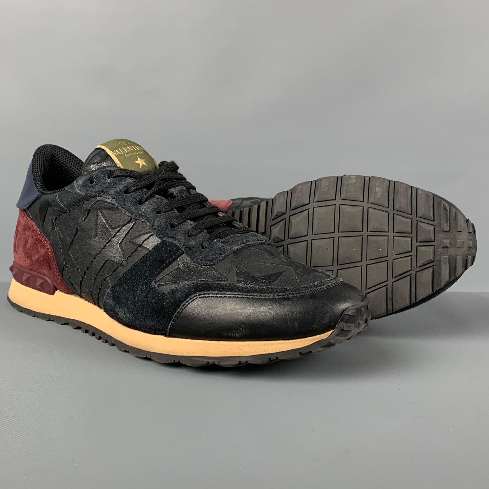 VALENTINO Größe 10 Marine Burgunderfarbene Stern-Leder-Rockrunner-Turnschuhe (Schwarz)
