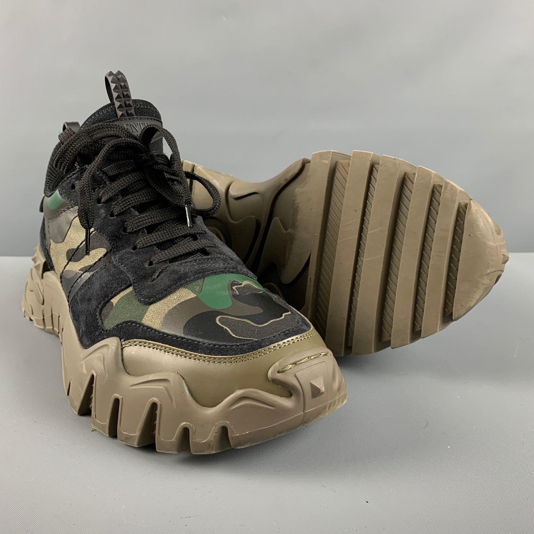 VALENTINO Size 10 Olive Black Camouflage Nylon Lace Up Sneakers 1