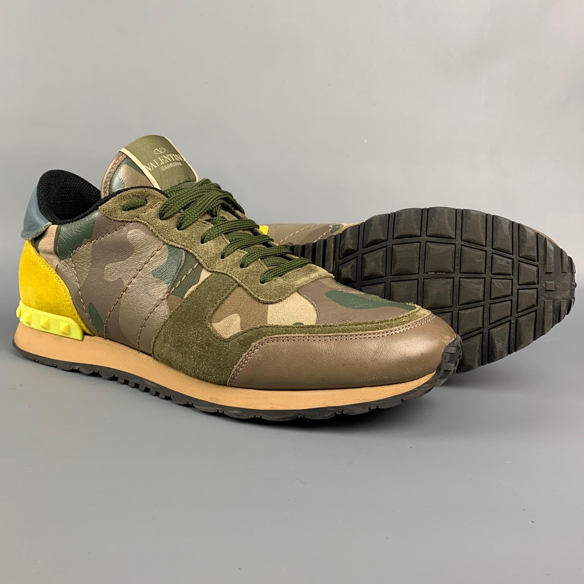 VALENTINO Size 10 Olive & Yellow Camo Nylon Lace Up Sneakers 1