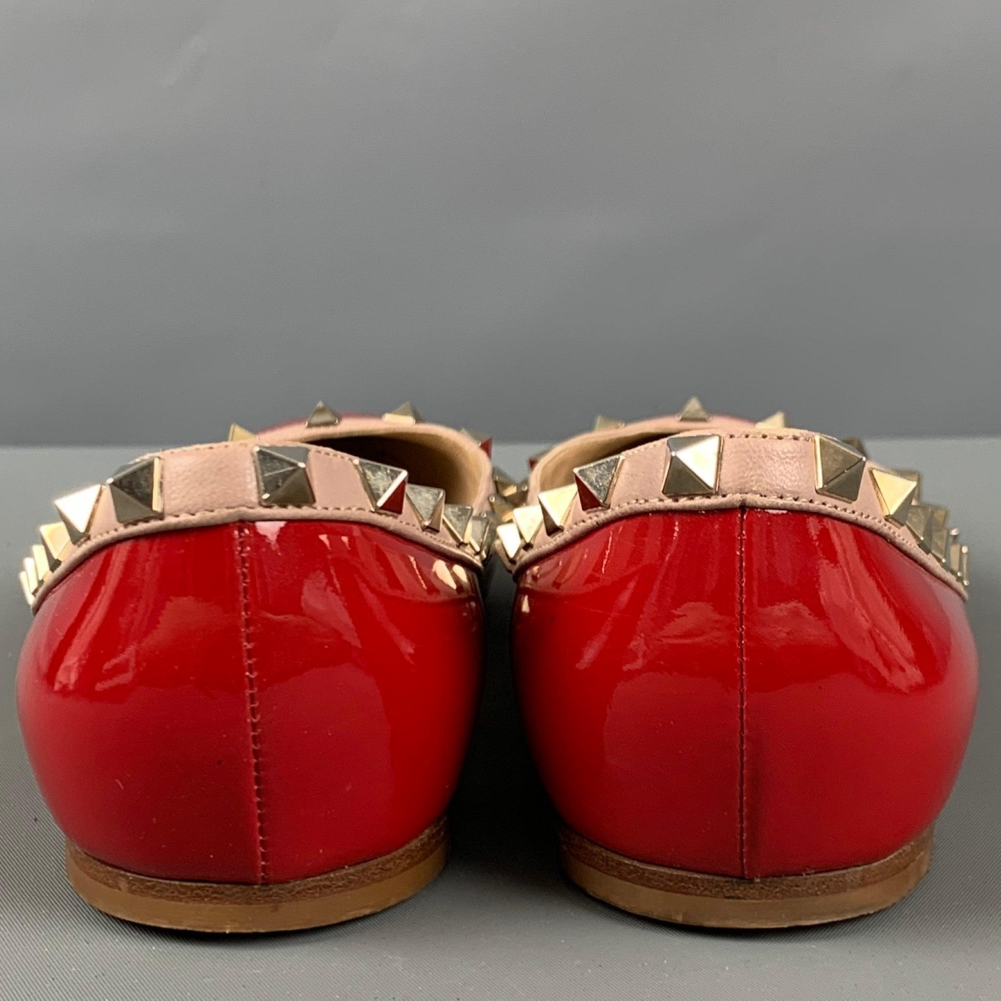 VALENTINO Size 10 Red Nude Patent Leather Studded Ballet Flats In Good Condition In San Francisco, CA