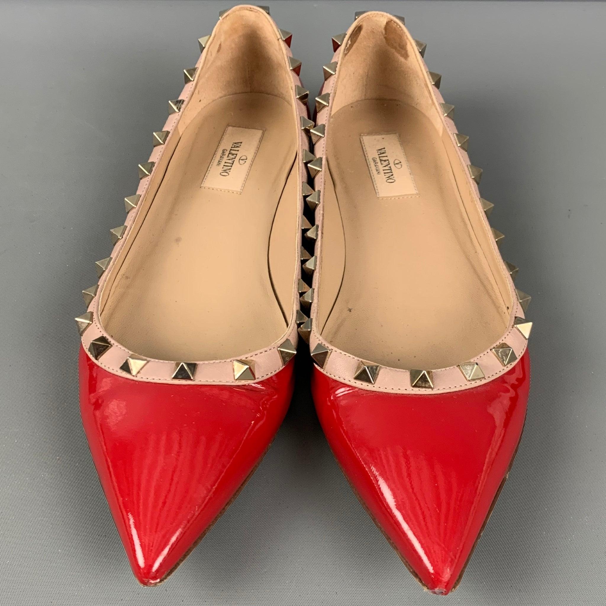 Women's VALENTINO Size 10 Red Nude Patent Leather Studded Ballet Flats