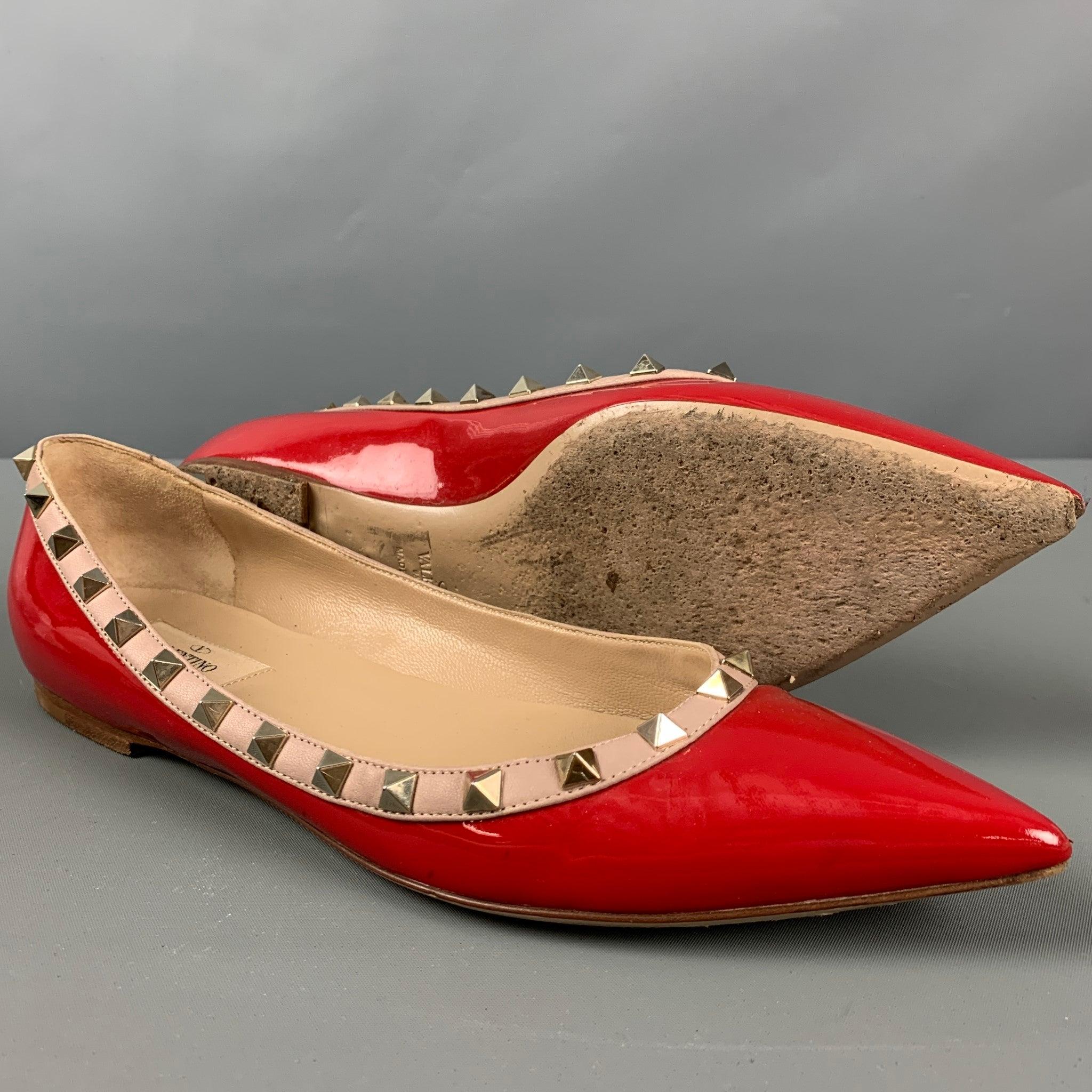 VALENTINO Size 10 Red Nude Patent Leather Studded Ballet Flats 1