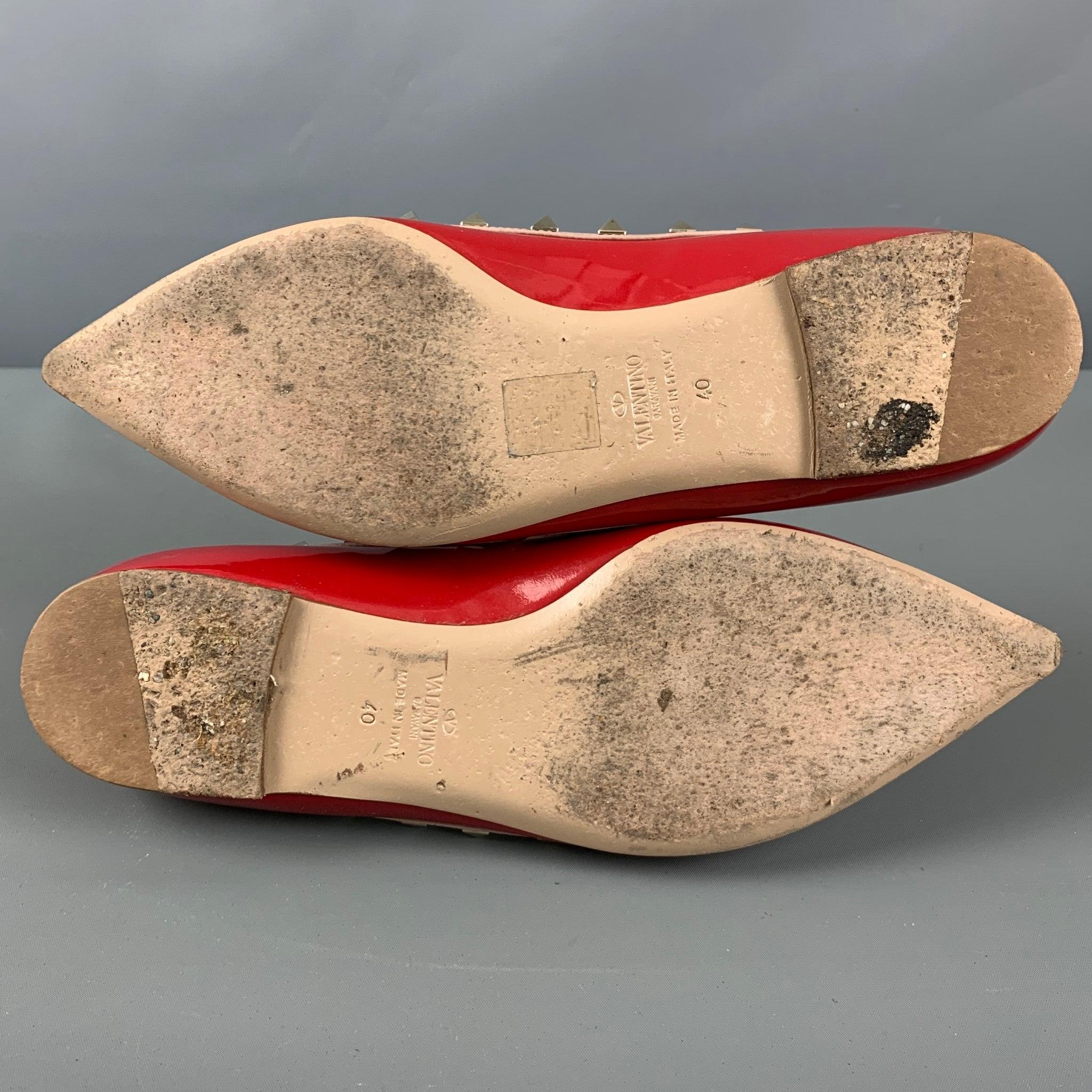 VALENTINO Size 10 Red Nude Patent Leather Studded Ballet Flats 2