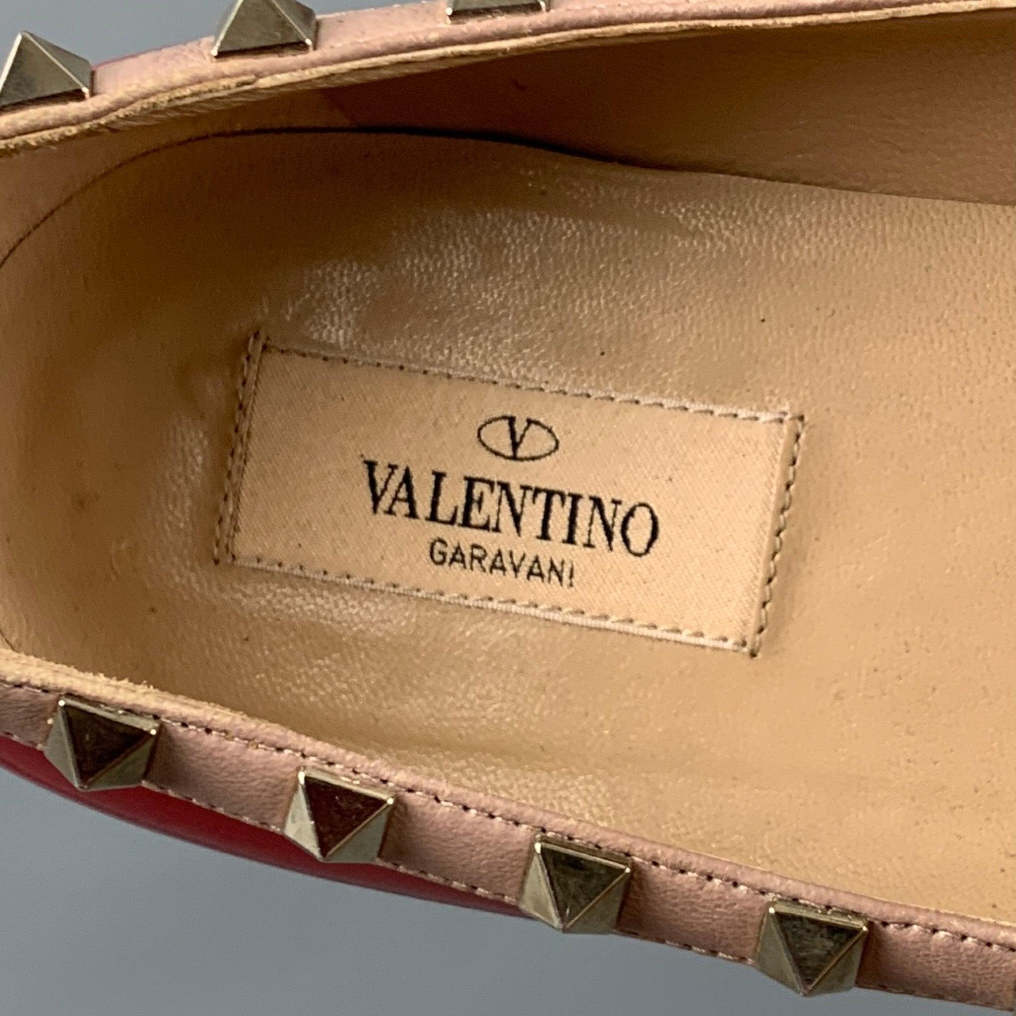 VALENTINO Size 10 Red Nude Patent Leather Studded Ballet Flats 3