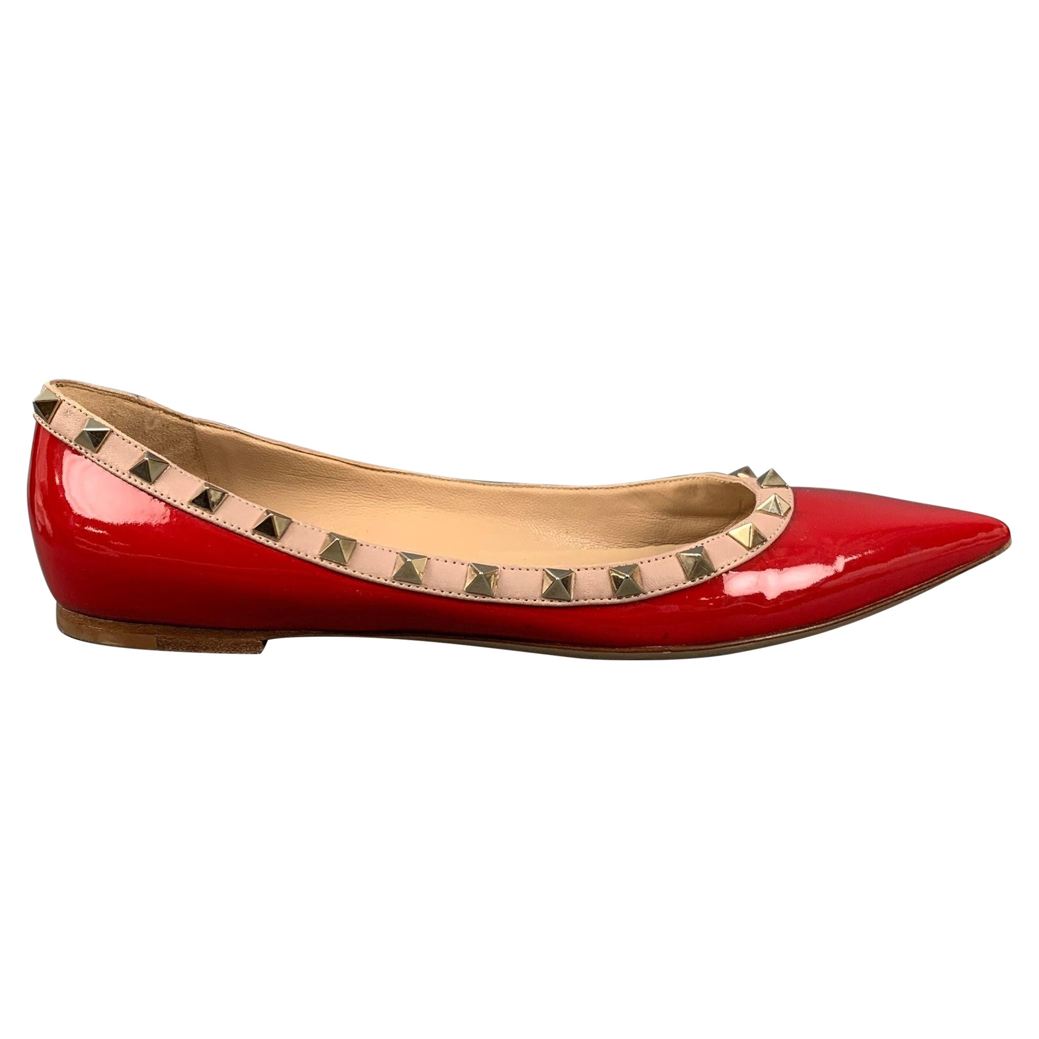 VALENTINO Size 10 Red Nude Patent Leather Studded Ballet Flats