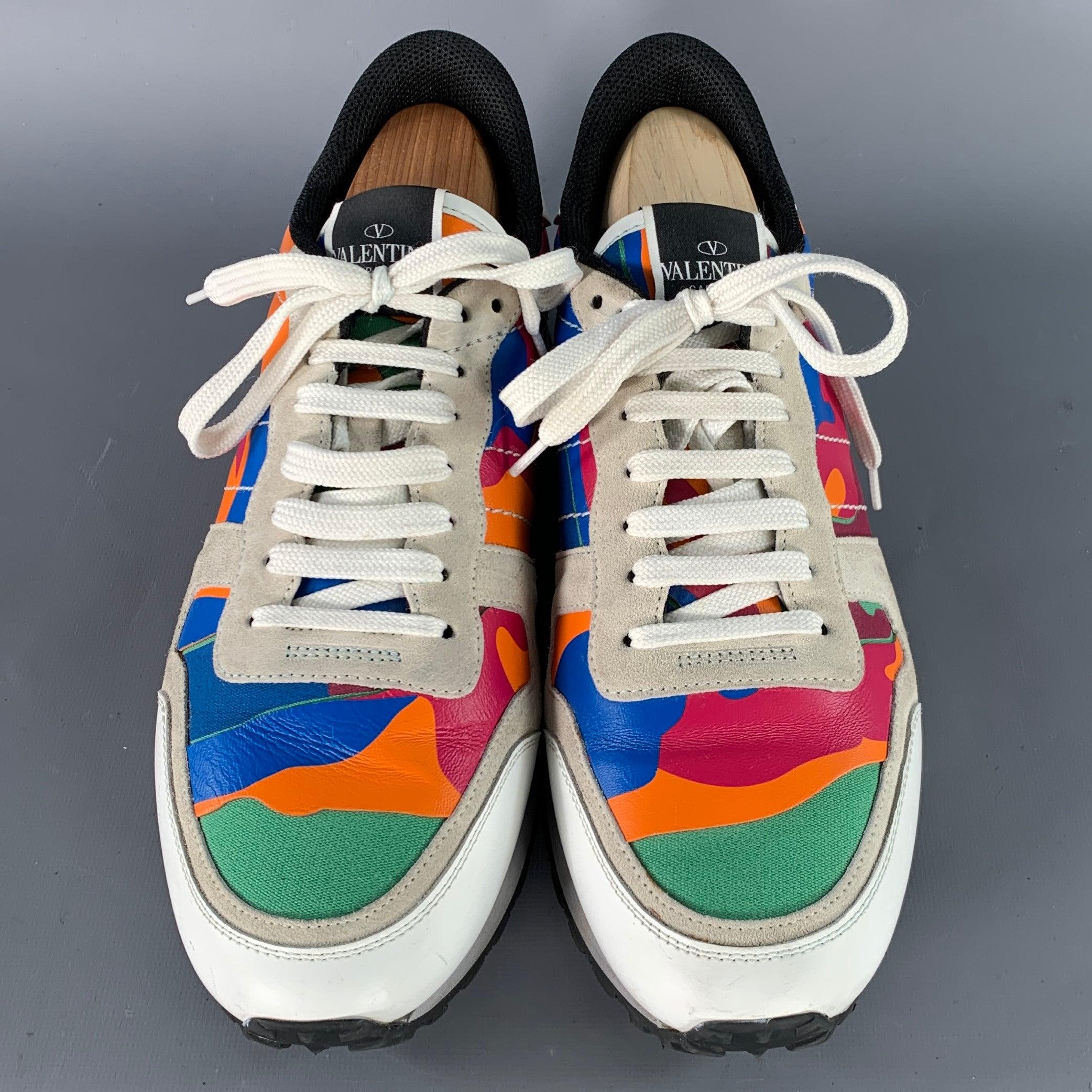 VALENTINO Size 10 White Multi Color Camo Leather Lace-Up Sneakers Bon état - En vente à San Francisco, CA