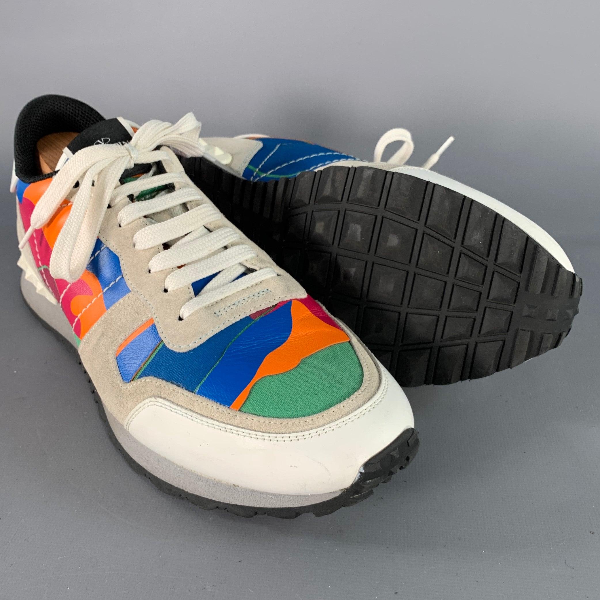 VALENTINO Size 10 White Multi Color Camo Leather Lace-Up Sneakers Pour hommes en vente