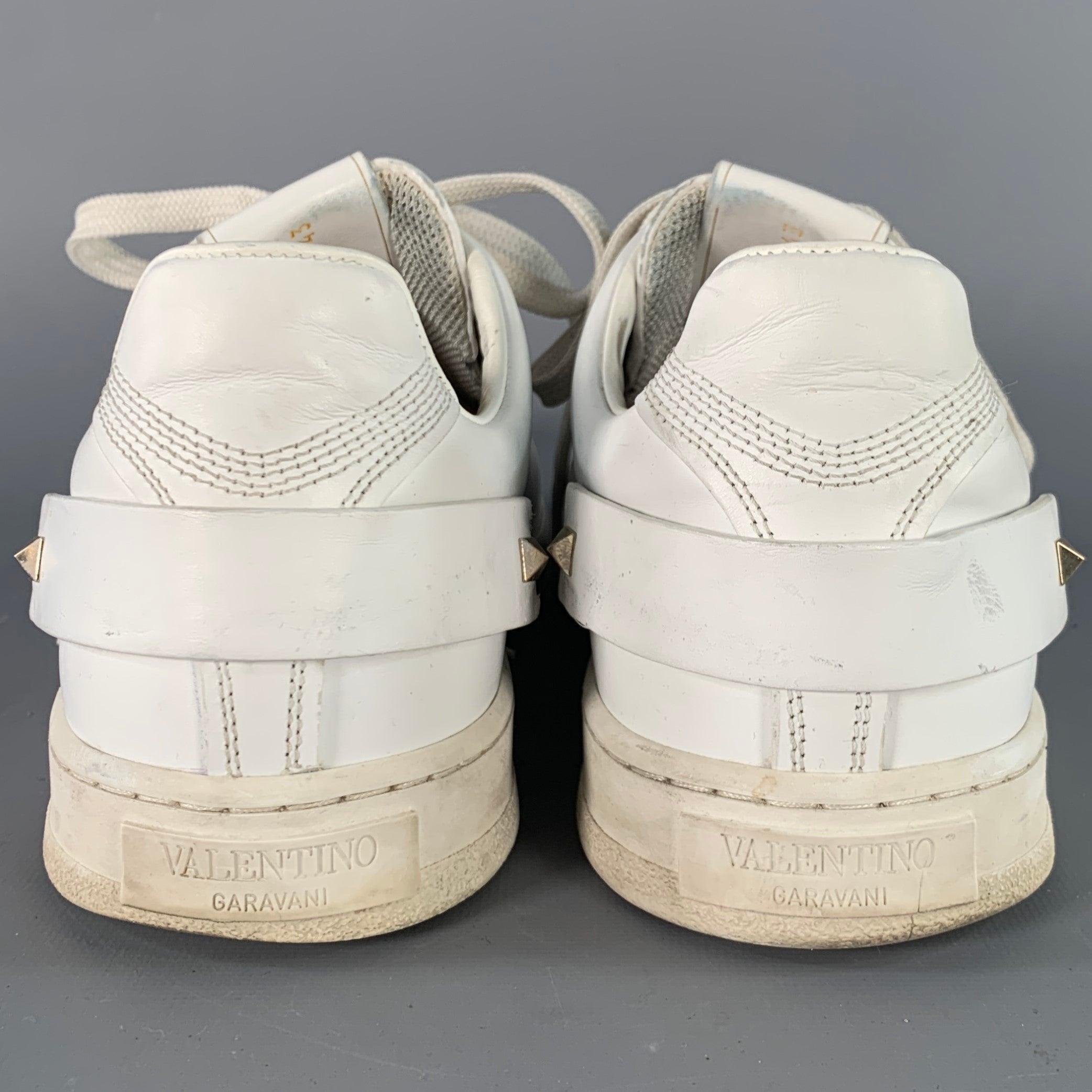Blanc VALENTINO Size 10 White Perforated Leather Lace-Up Sneakers en vente