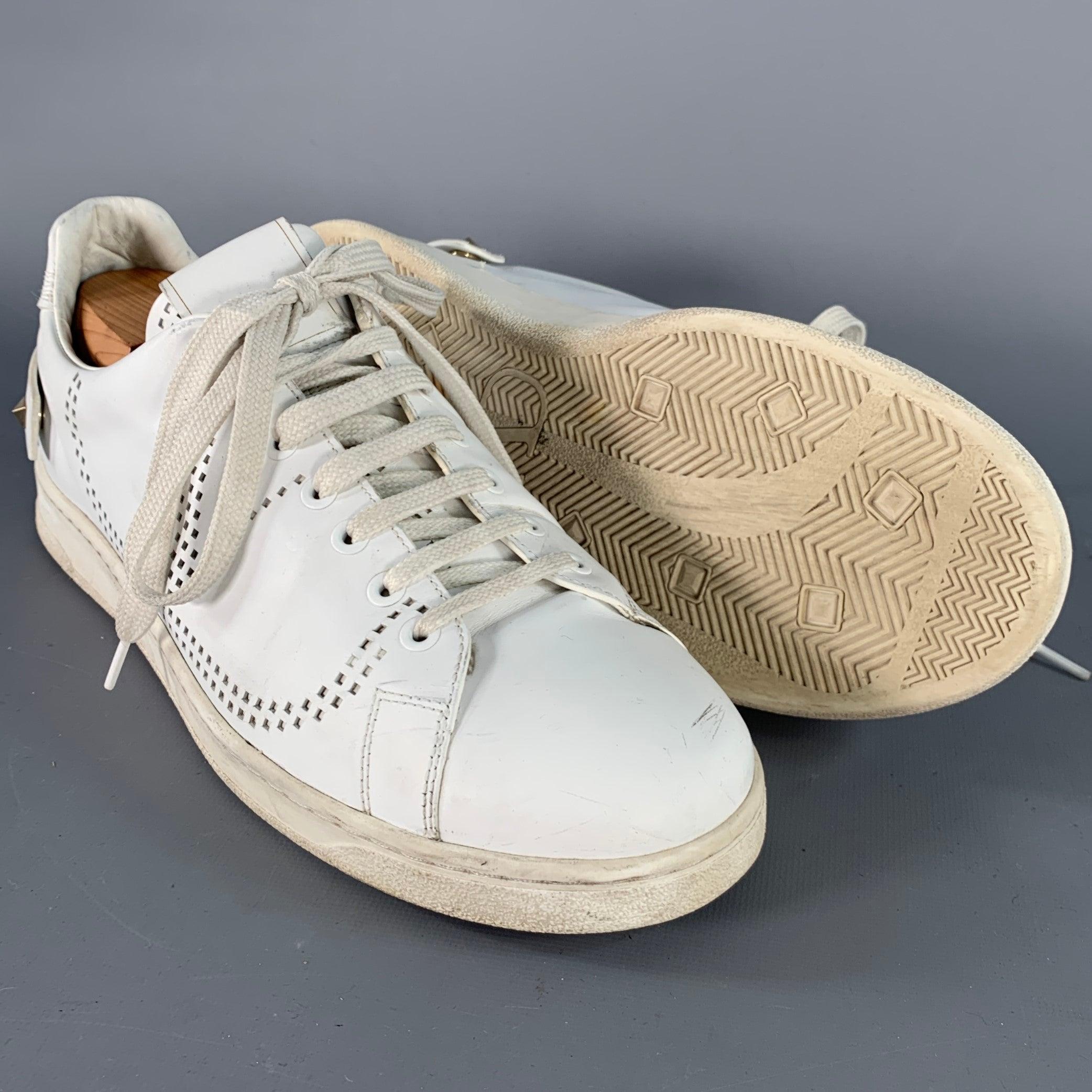 VALENTINO Size 10 White Perforated Leather Lace-Up Sneakers Pour hommes en vente