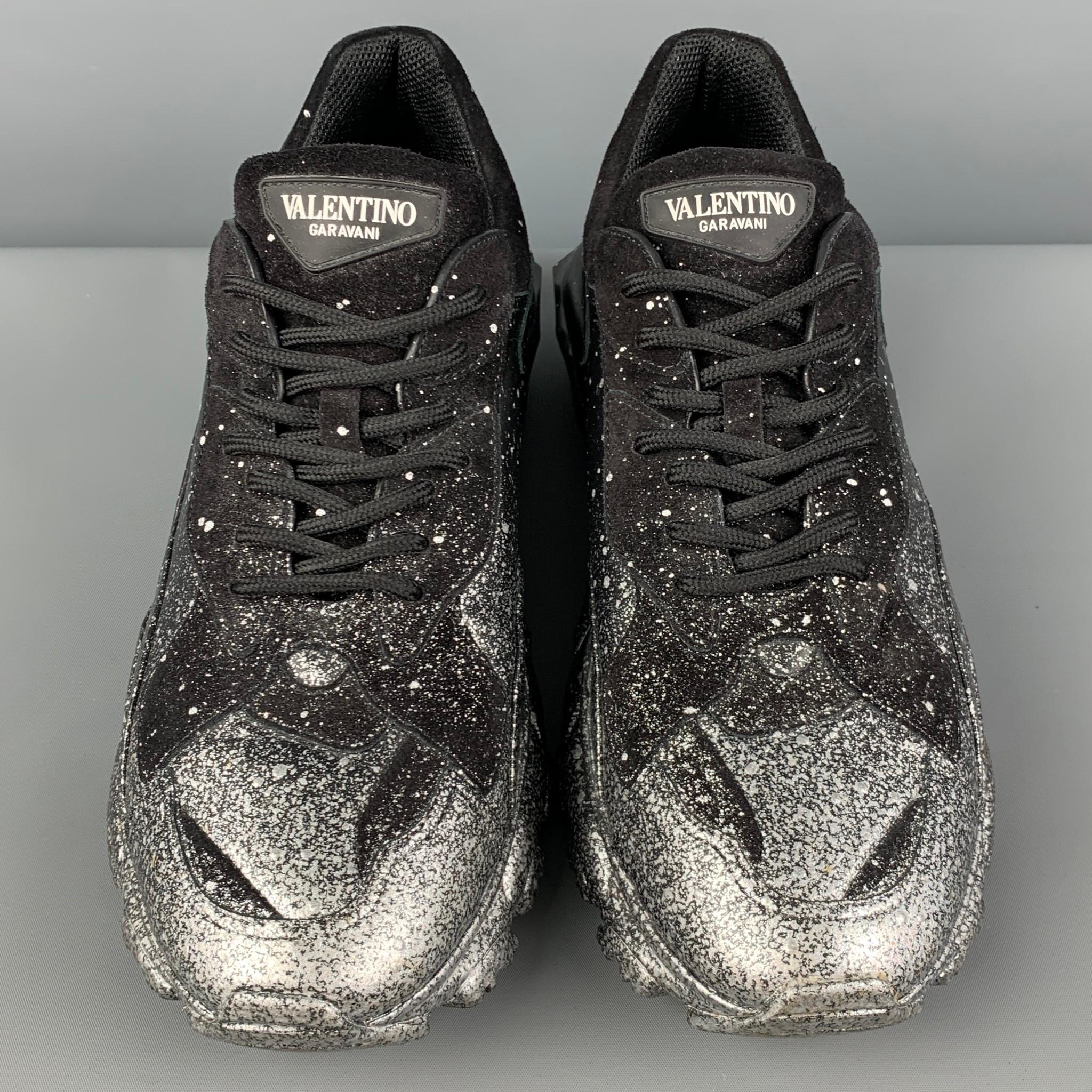  VALENTINO - Baskets en cuir « Bounce » noires et argentées avec éclaboussures, taille 10,5 Pour hommes 