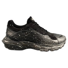 VALENTINO Size 10.5 Black Silver Paint Splatter Leather Bounce Sneakers