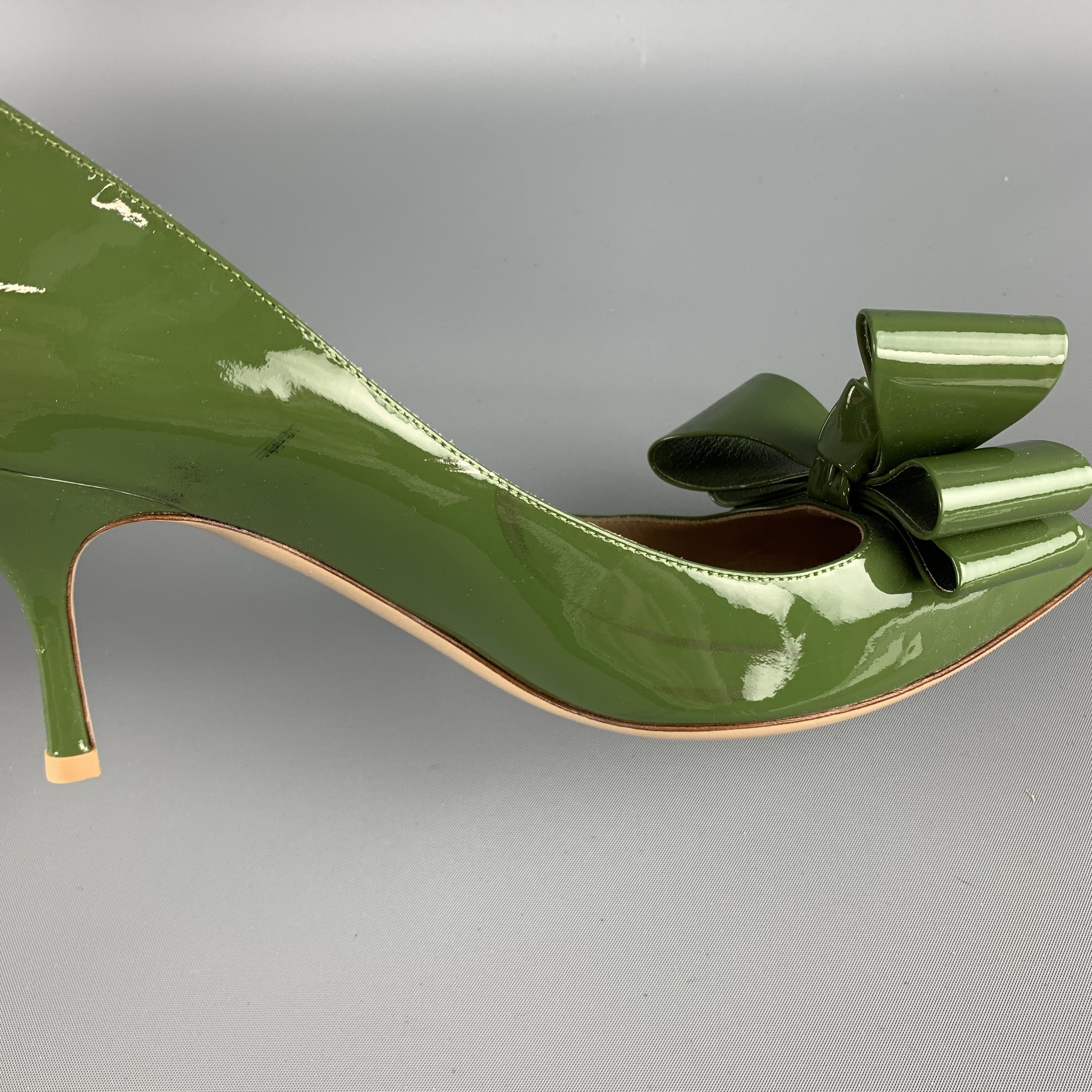 Brown VALENTINO Size 10.5 Green Bow Pointed Toe Pumps