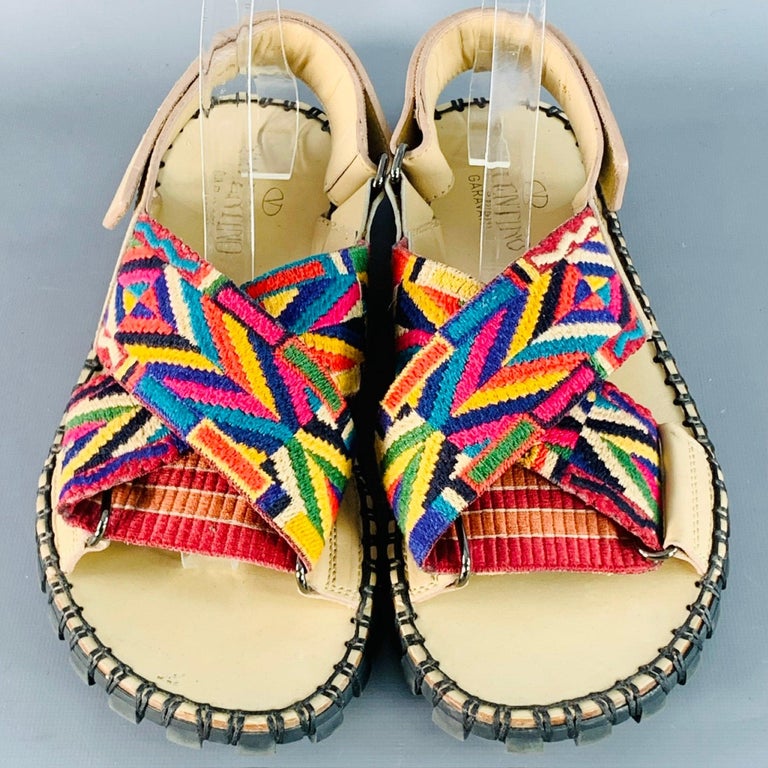 VALENTINO Size 10.5 Tan Multi Color Embroidery Leather  display picture 1