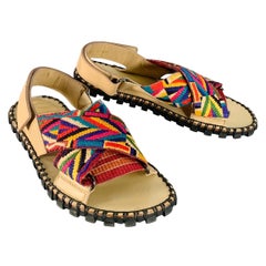 VALENTINO Size 10.5 Tan Multi Color Embroidery Leather Straps Sandals