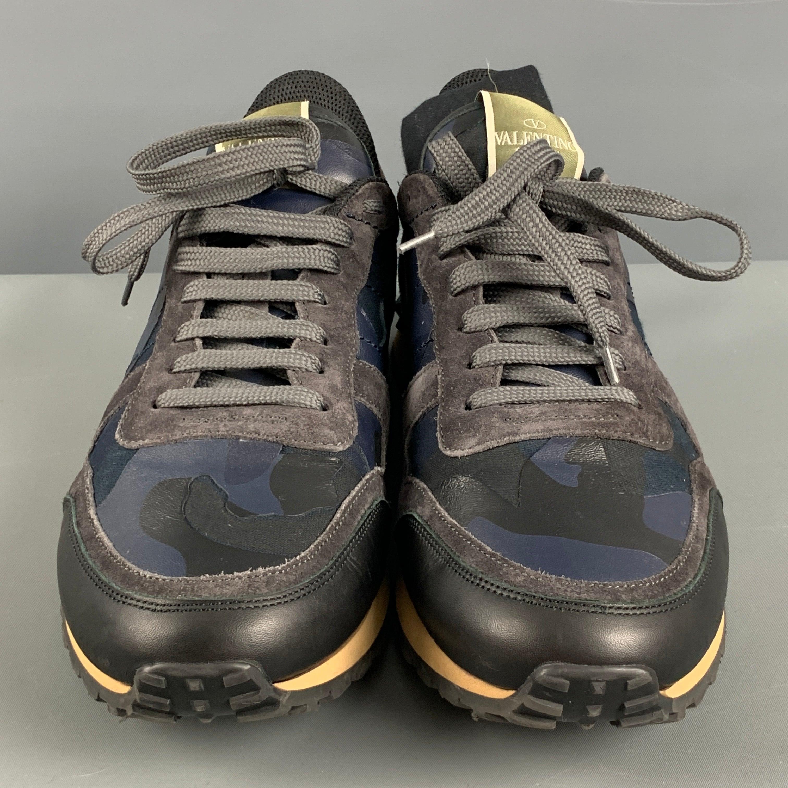 Men's VALENTINO Size 11 Navy Grey Camo Leather Low Top Sneakers