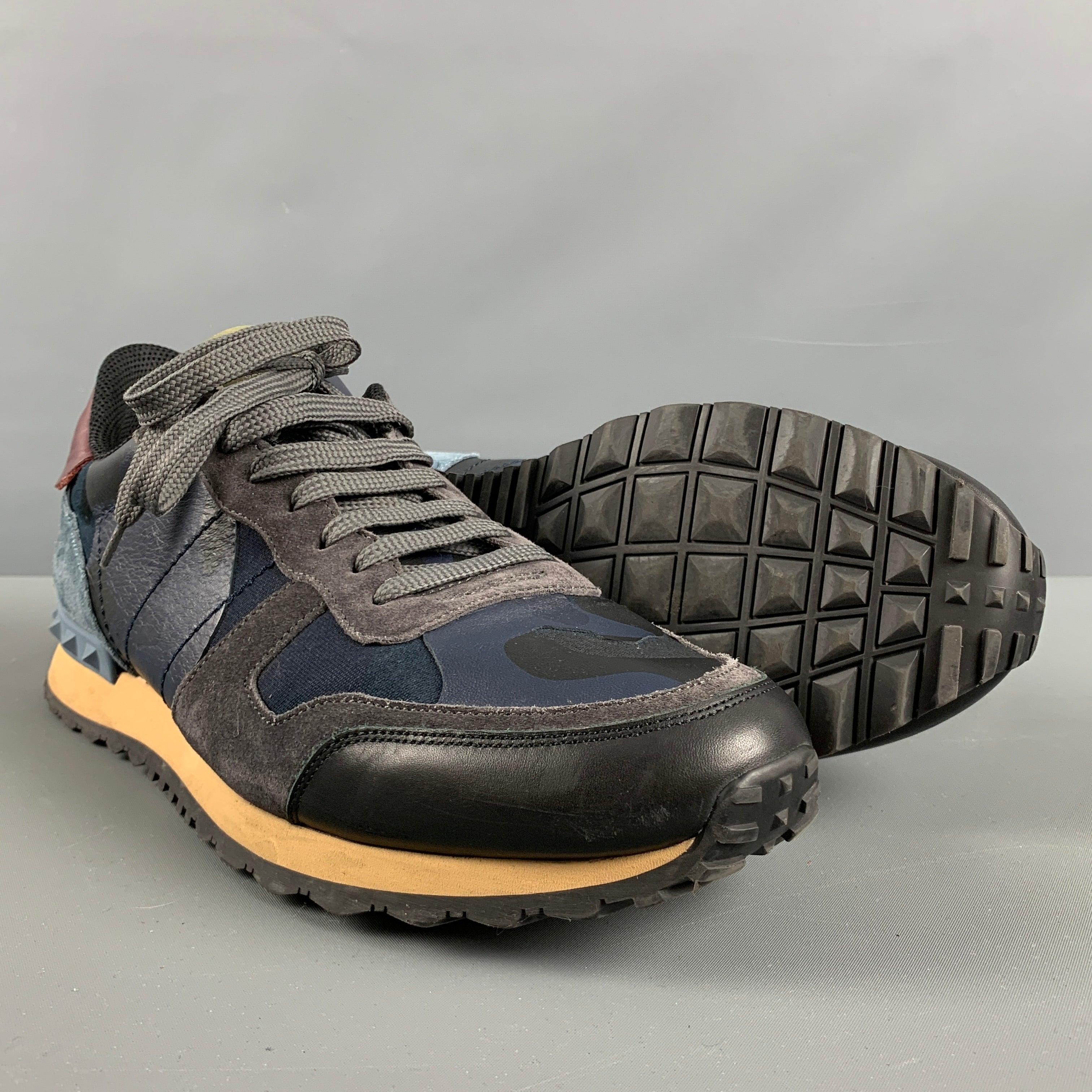 VALENTINO Size 11 Navy Grey Camo Leather Low Top Sneakers For Sale 1