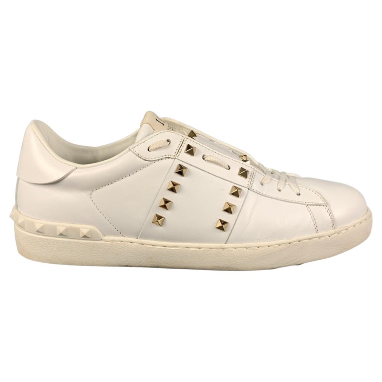 VALENTINO Size 11 White Lace Up Rockstud Sneakers For at 1stDibs