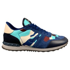 VALENTINO Size 12 Blue Multi-Color Camo Leather Rockrunner Sneakers
