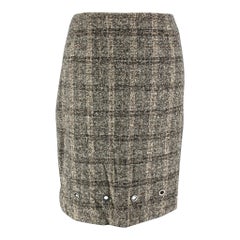 VALENTINO Talla 12 Gris Crema Lana Poliamida Plaid Falda lápiz