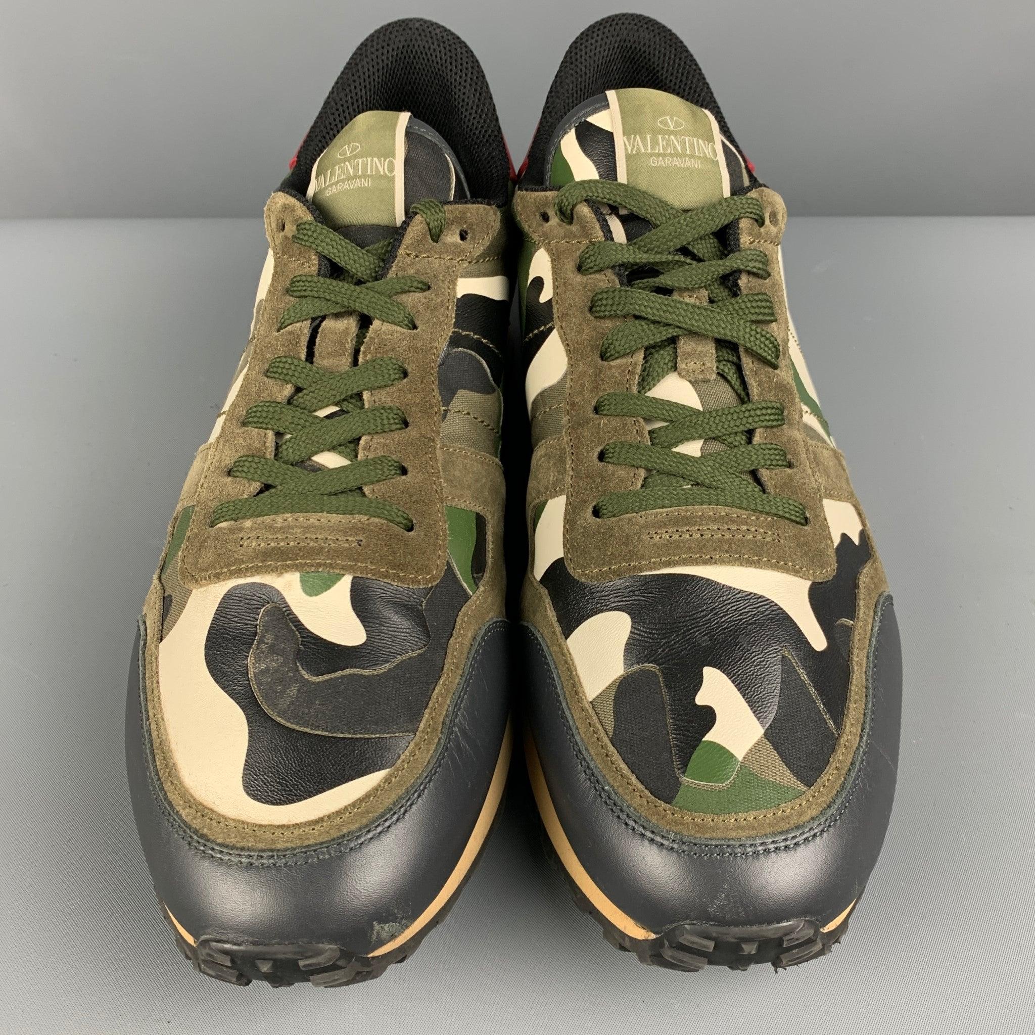 Men's VALENTINO Size 12 Multi-Color Olive Camo Leather Low Top Sneakers For Sale