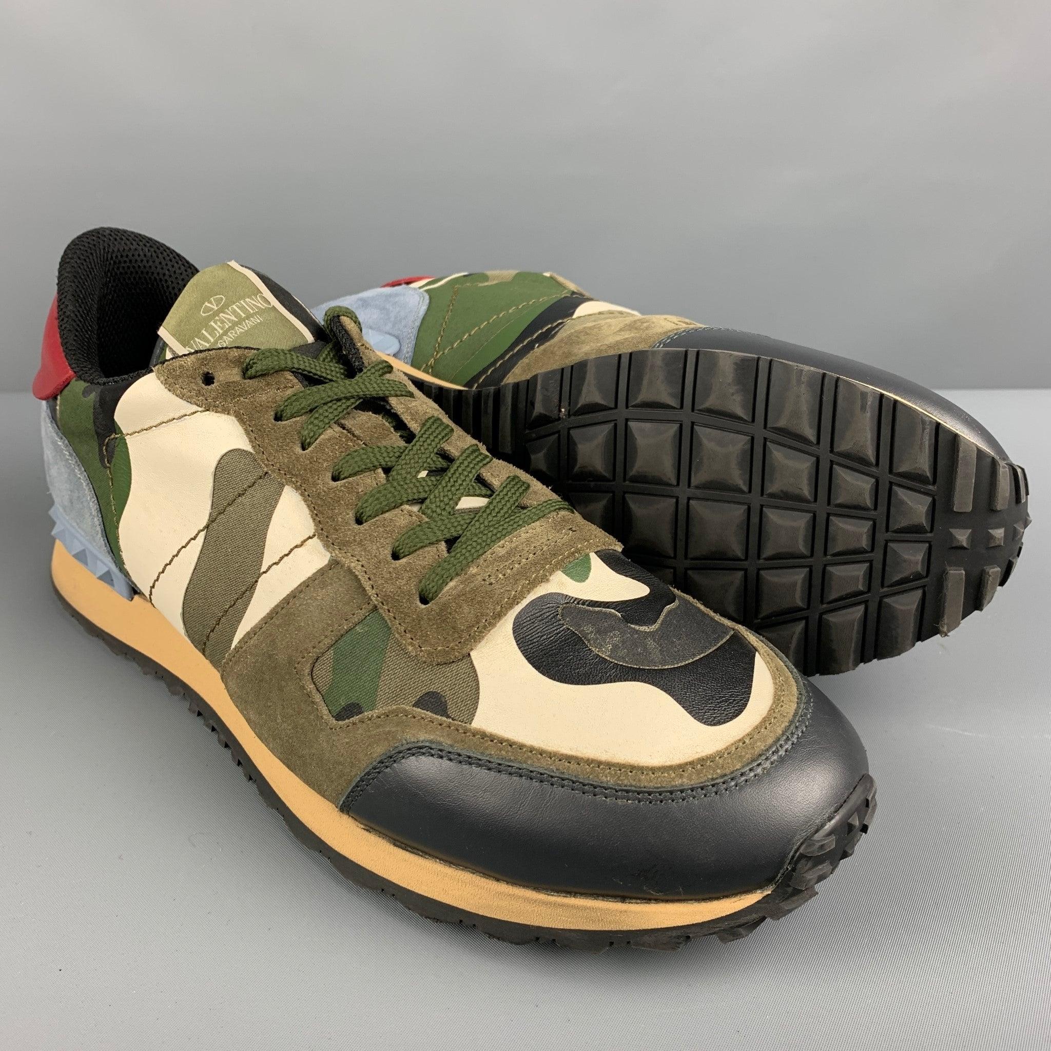 VALENTINO Size 12 Multi-Color Olive Camo Leather Low Top Sneakers For Sale 1