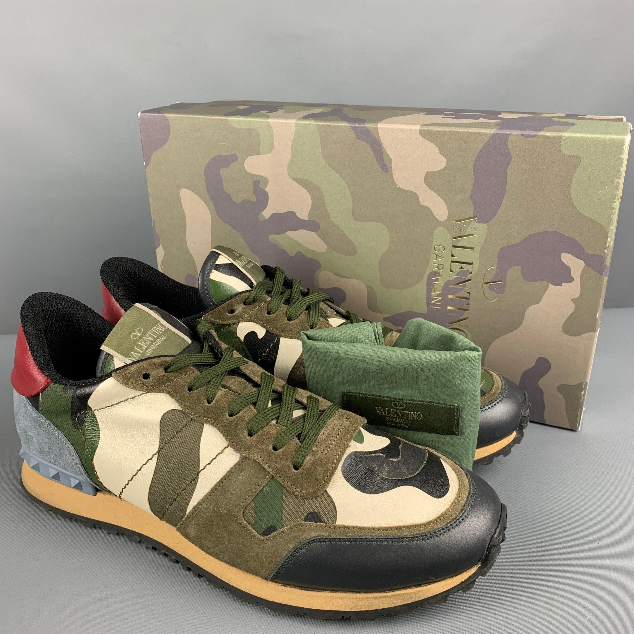 VALENTINO Size 12 Multi-Color Olive Camo Leather Low Top Sneakers For Sale 5