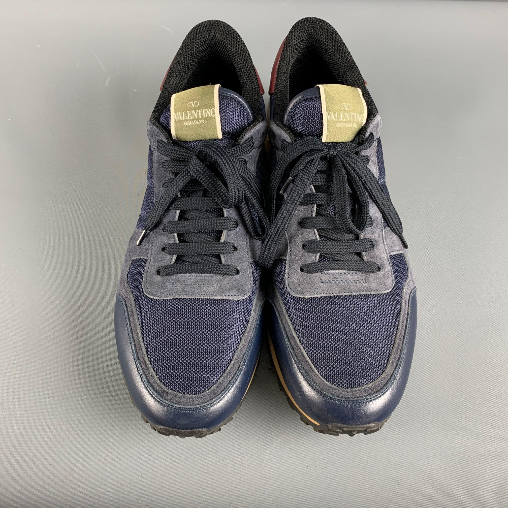 Men's VALENTINO Size 12 Navy Mixed Materials Leather Lace Up Sneakers For Sale