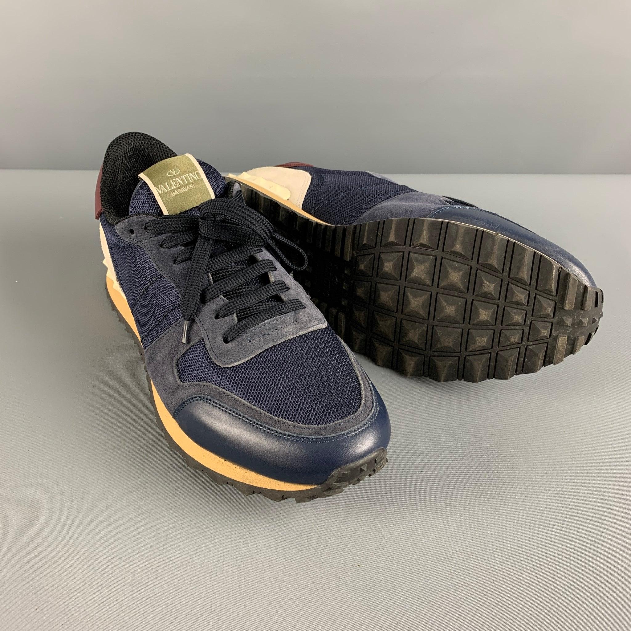 VALENTINO Size 12 Navy Mixed Materials Leather Lace Up Sneakers For Sale 1