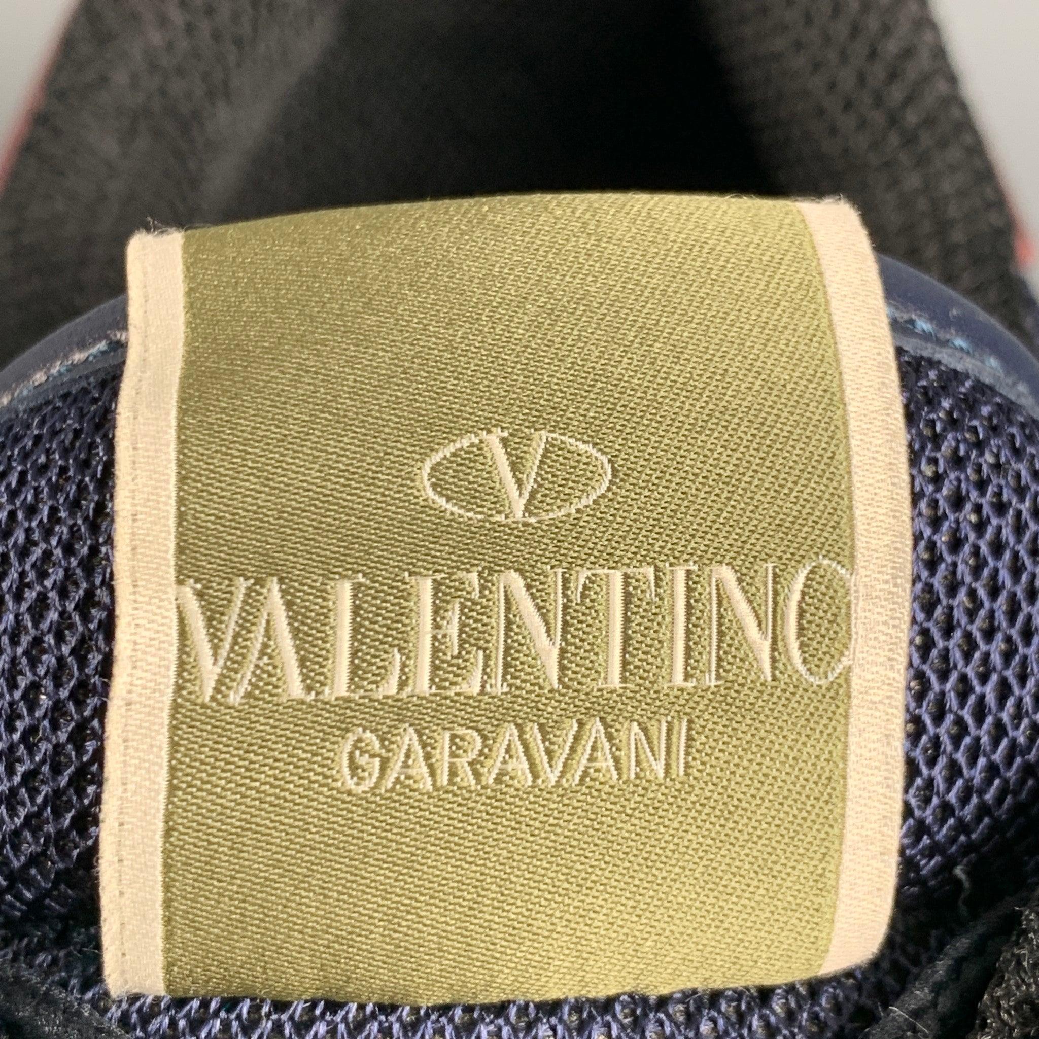 VALENTINO Size 12 Navy Mixed Materials Leather Lace Up Sneakers For Sale 4