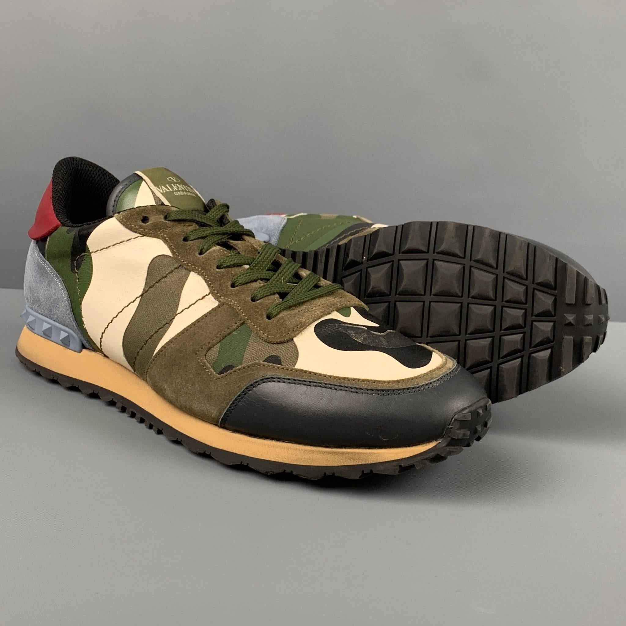 VALENTINO Size 12 Olive Multi-Color Camo Leather Rockrunner Sneakers In Good Condition In San Francisco, CA