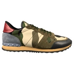 VALENTINO Size 12 Olive Multi-Color Camo Leather Rockrunner Sneakers