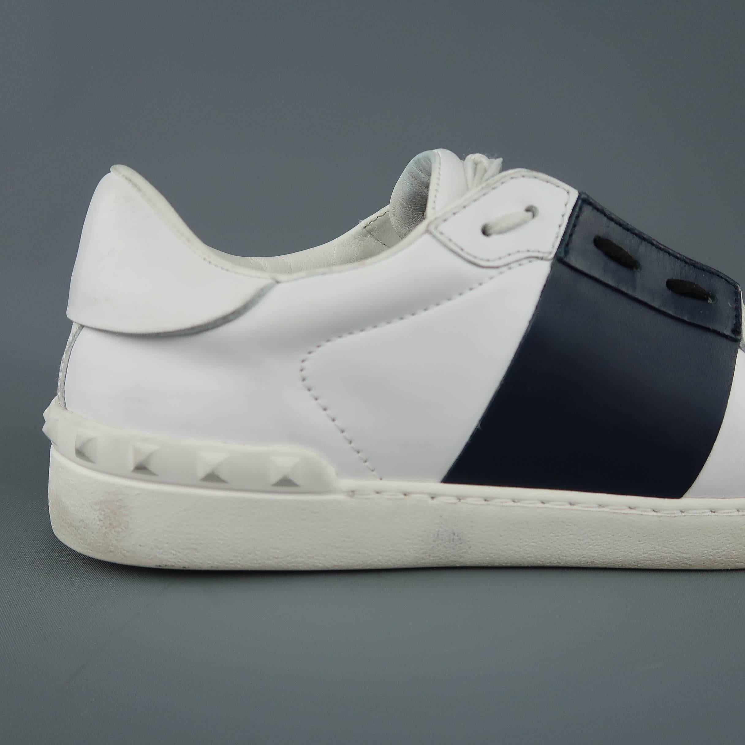 Men's VALENTINO Size 12 White & Navy Color Block Leather Open Sneakers