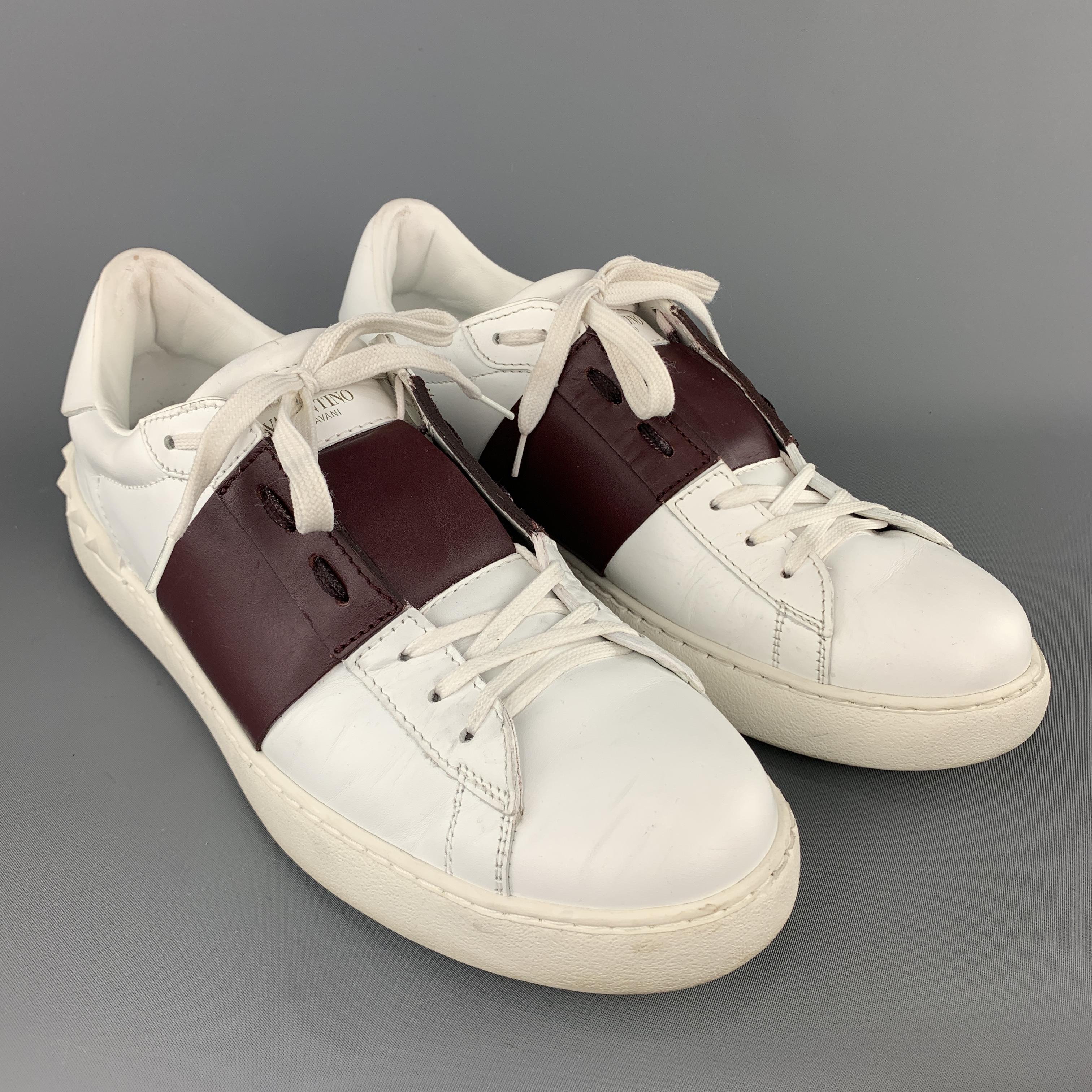 VALENTINO Size 12 White & Burgundy Color Block Leather Rockstud Low Top Lace Up  In Good Condition In San Francisco, CA