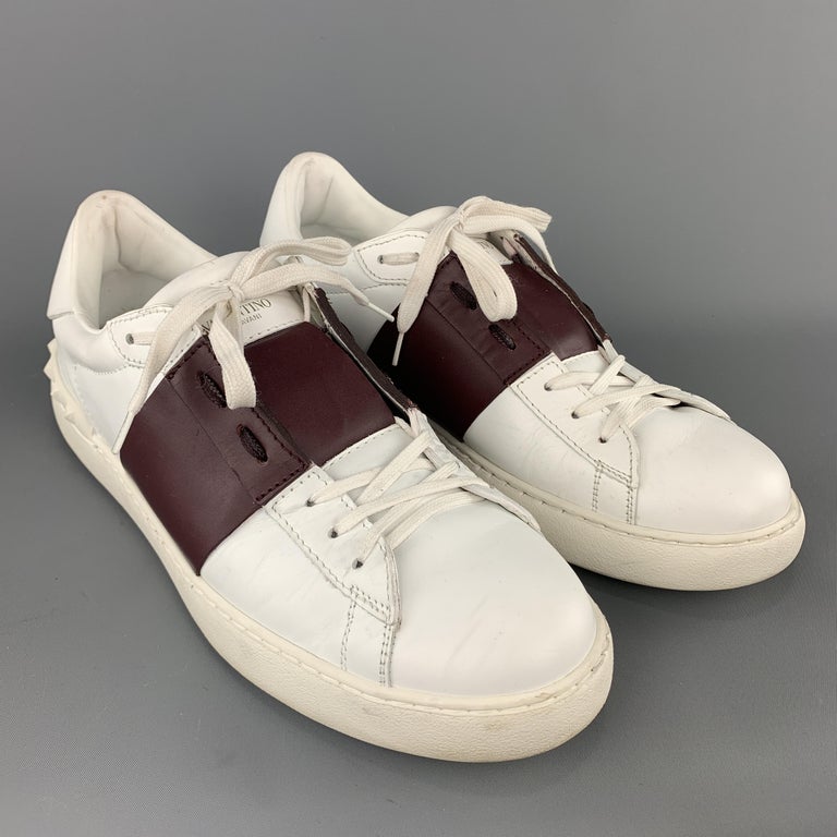 VALENTINO Size 12 White and Burgundy Color Block Leather Rockstud Low ...