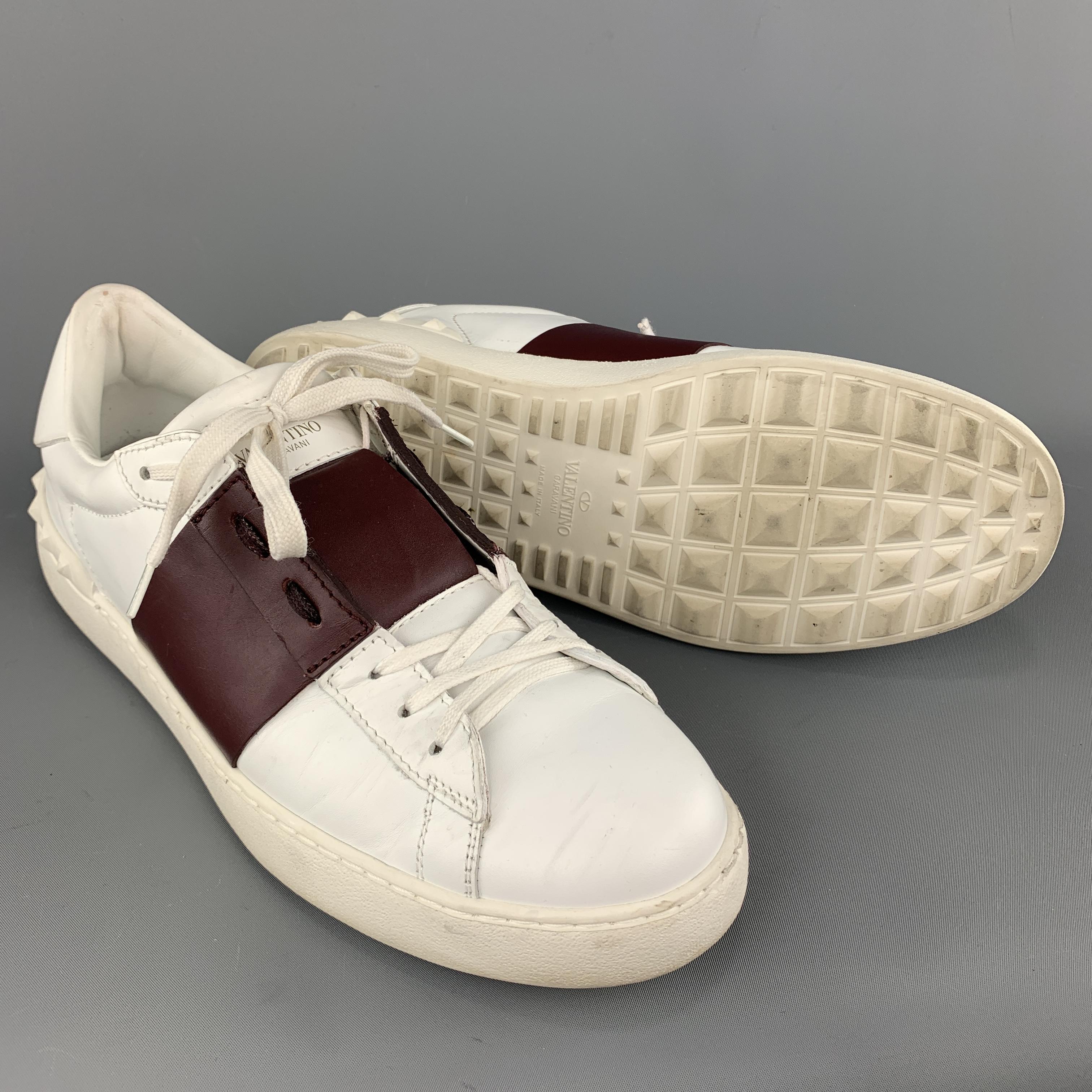 Men's VALENTINO Size 12 White & Burgundy Color Block Leather Rockstud Low Top Lace Up 