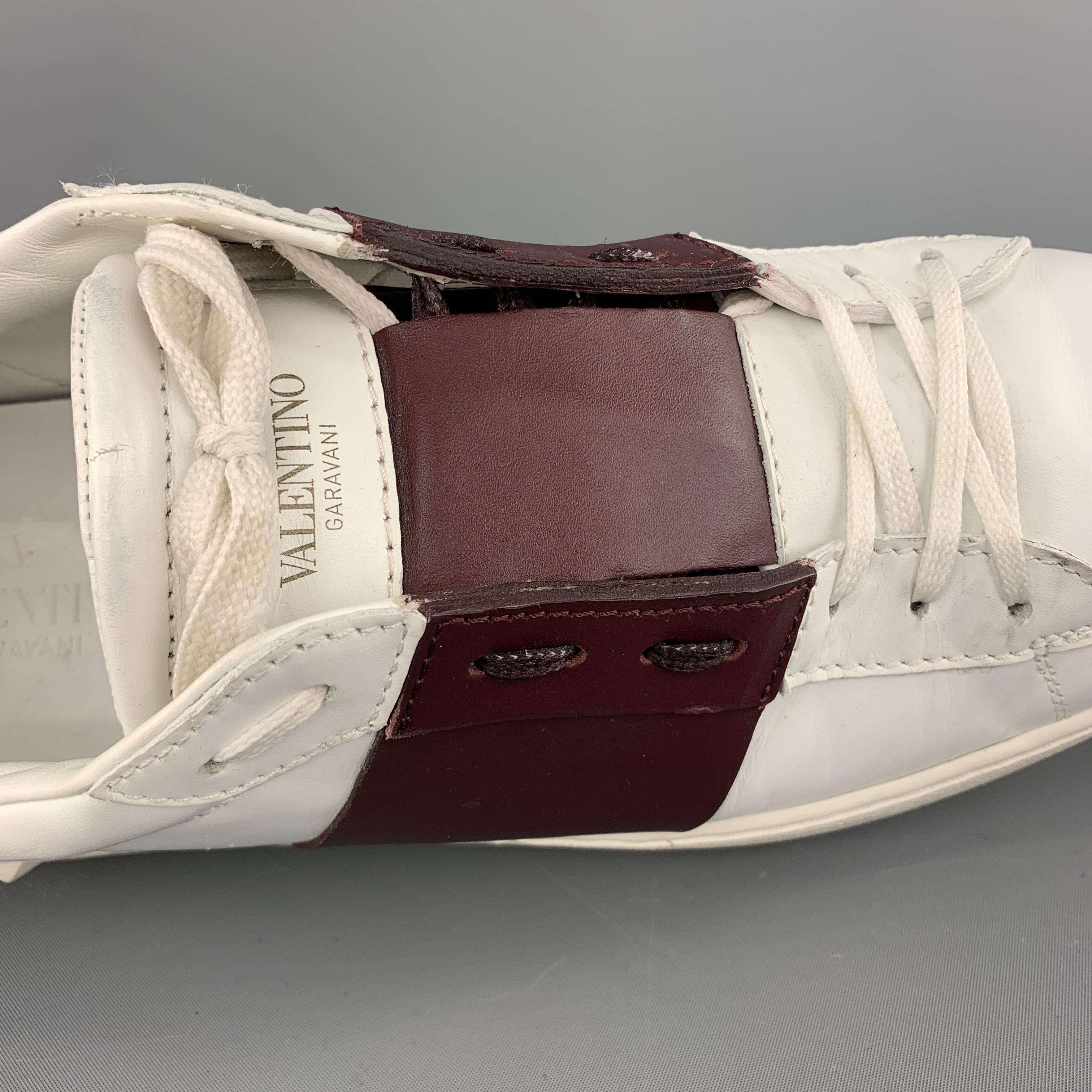 VALENTINO Size 12 White & Burgundy Color Block Leather Rockstud Low Top Lace Up  1