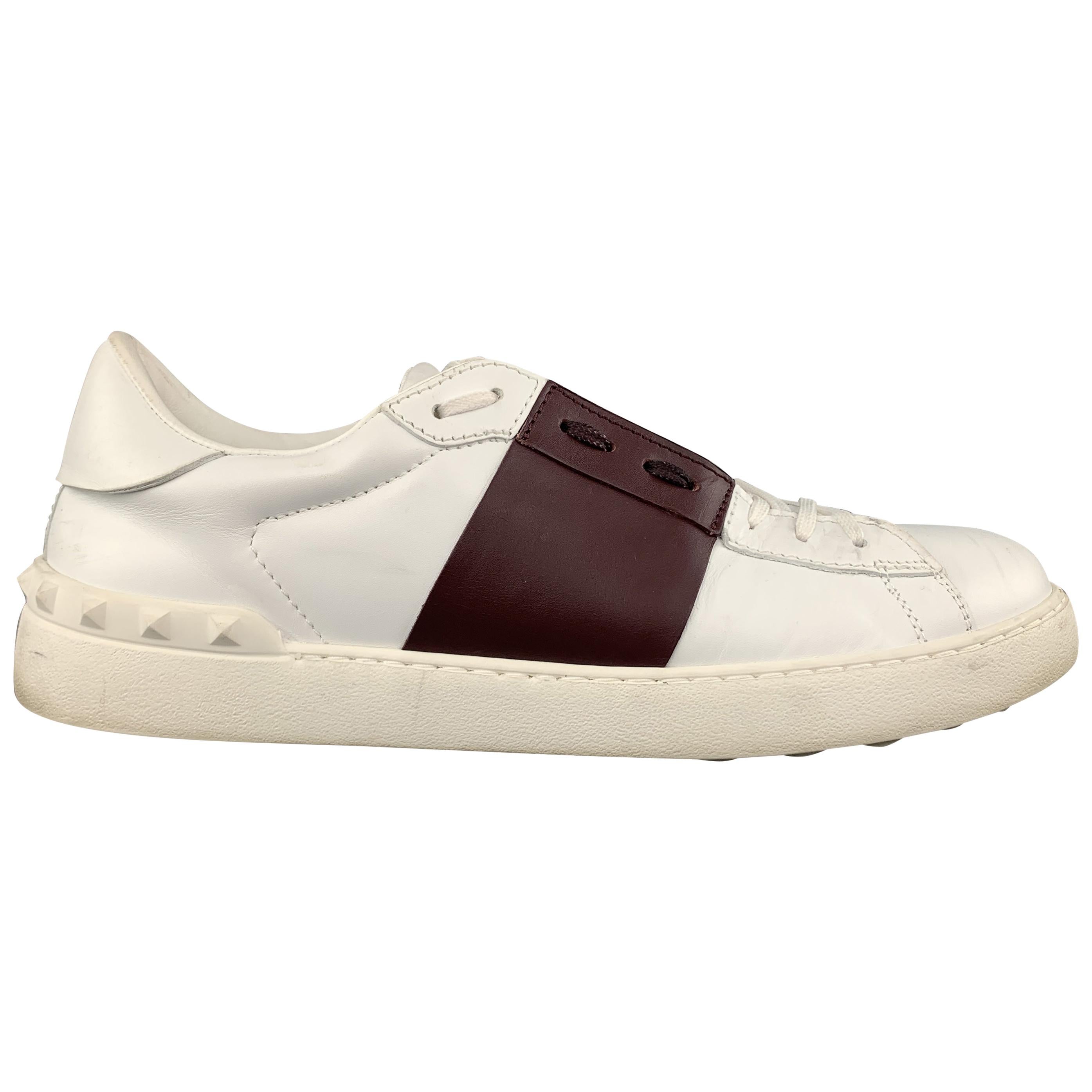 VALENTINO Size 12 White & Burgundy Color Block Leather Rockstud Low Top Lace Up 