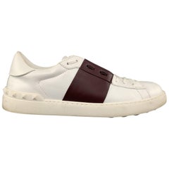 VALENTINO Size 12 White & Burgundy Color Block Leather Rockstud Low Top Lace Up 